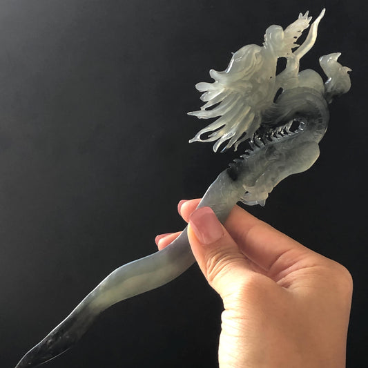 Certified Natural Xiu Jade Serpentine Hand Carved Soaring Dragon Hair Pin | Ice Gray & Black Jade Hair Stick | Asian Vintage Hair Fork Gift for her japanese hairpin korean hair stick hanfu hair fork vinatge hair comb antique hair pins dragon carving hand engraved dragon gray jade grey jade black jade carving hand carved dragon hair stick