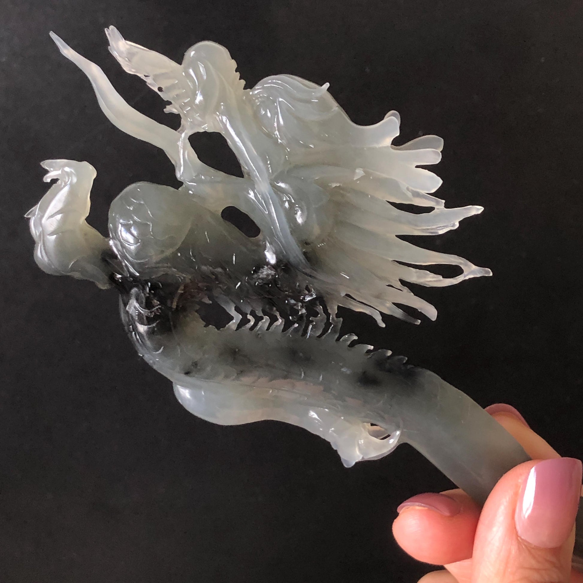 Certified Natural Xiu Jade Serpentine Hand Carved Soaring Dragon Hair Pin | Ice Gray & Black Jade Hair Stick | Asian Vintage Hair Fork Gift for her japanese hairpin korean hair stick hanfu hair fork vinatge hair comb antique hair pins dragon carving hand engraved dragon gray jade grey jade black jade carving hand carved dragon hair stick