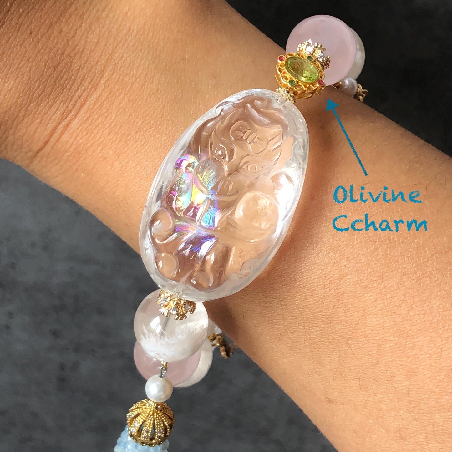 Rainbow Clear Quartz Carved Nine-tailed Fox Pendant Charm with Rose Quartz & Pink Phantom Quartz Bead Elastic Stretch Crystal Bracelet Gift for her Rainbow Crystal charm nine tail fox pendant hand engraved fox charm bracelet big bead bracelet Olivine charm removable tassel Pink Spinel Blue Apatite Crystal heart chakra crystal healing stone love stone meditative crystal