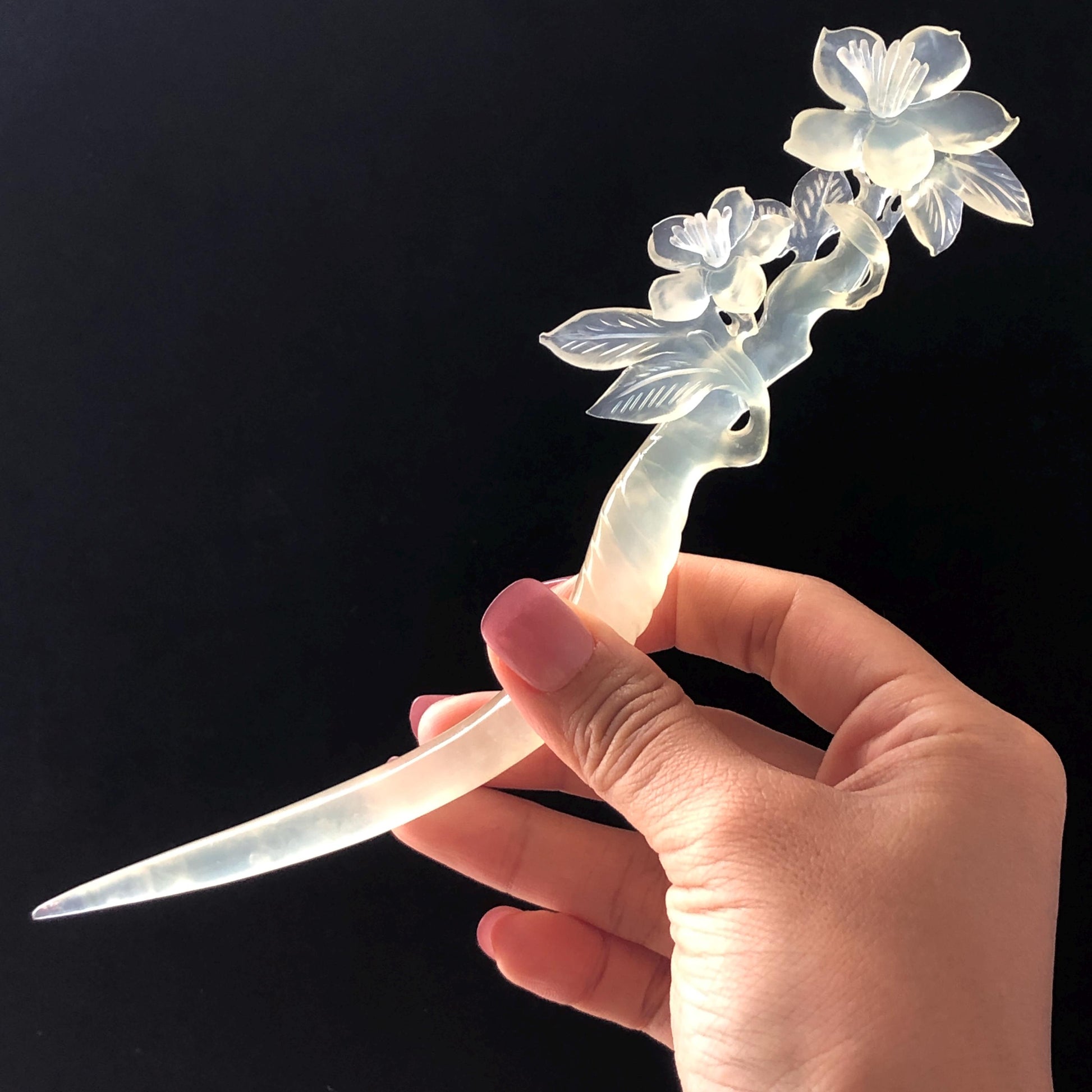 Certified Xiu Jade Serpentine Carved Lily Flower Hair Pin | Ice White Jade Hair Stick | Chinese Vintage Hanfu Antique Bridal Hair Fork Gift for her japanese hairpin korean hair stick chinese hair fork vintage hair comb antique hair pins hanfu hair stick bridal shower hair jewelry wedding headpiece bridal shower gift engagement hair accessory jade carving hand engraved jade hand carved flower jade hairpins untreated natural jade with certificate