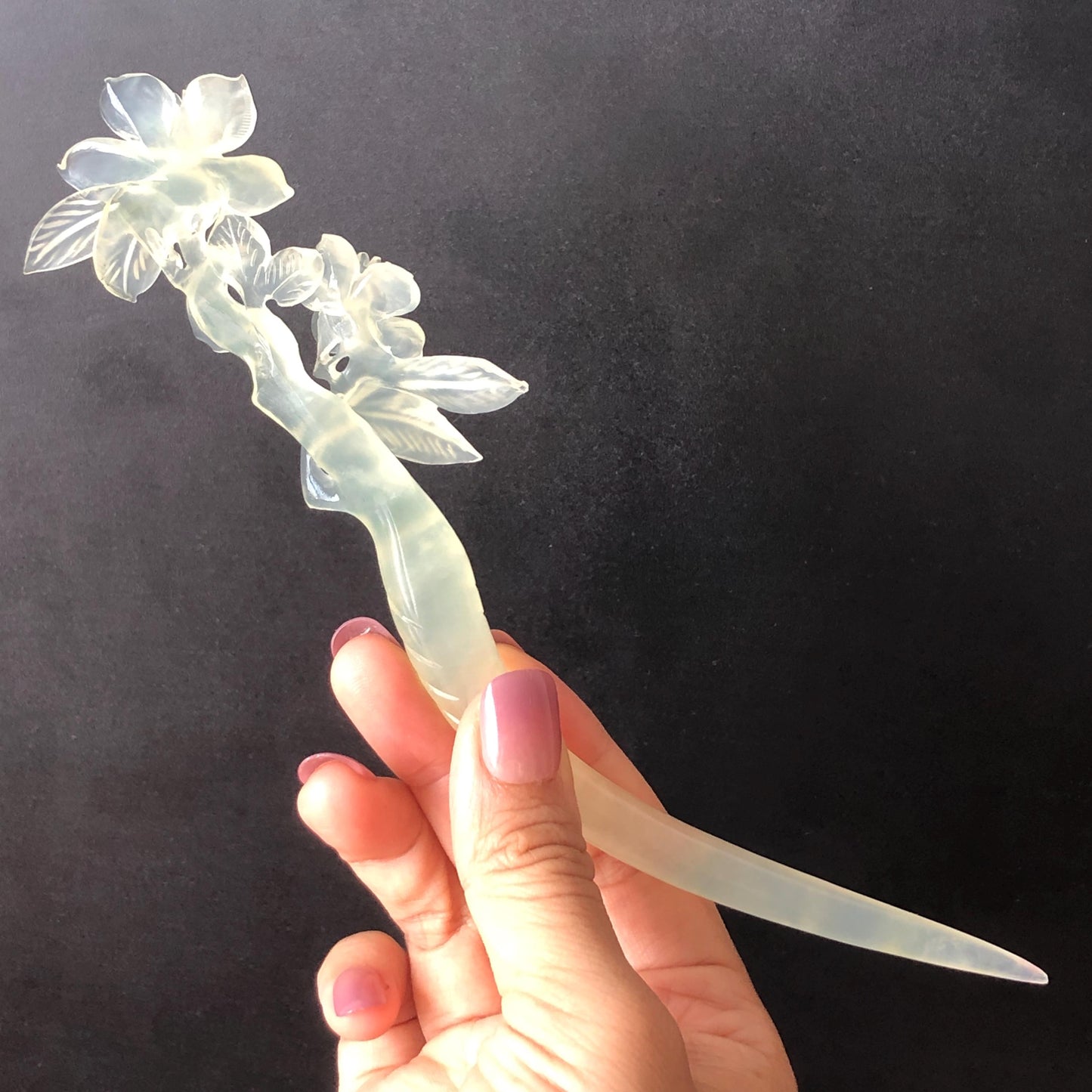 Certified Xiu Jade Serpentine Carved Lily Flower Hair Pin | Ice White Jade Hair Stick | Chinese Vintage Hanfu Antique Bridal Hair Fork Gift for her japanese hairpin korean hair stick chinese hair fork vintage hair comb antique hair pins hanfu hair stick bridal shower hair jewelry wedding headpiece bridal shower gift engagement hair accessory jade carving hand engraved jade hand carved flower jade hairpins untreated natural jade with certificate