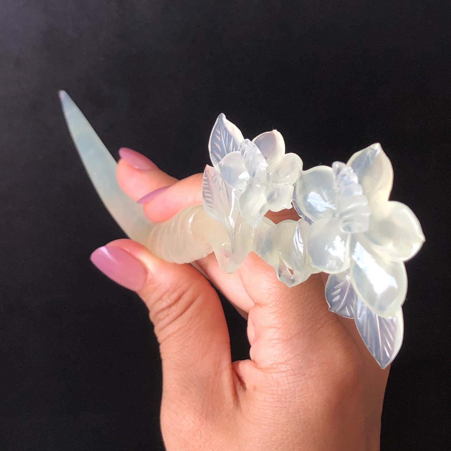 Certified Xiu Jade Serpentine Carved Lily Flower Hair Pin | Ice White Jade Hair Stick | Chinese Vintage Hanfu Antique Bridal Hair Fork Gift for her japanese hairpin korean hair stick chinese hair fork vintage hair comb antique hair pins hanfu hair stick bridal shower hair jewelry wedding headpiece bridal shower gift engagement hair accessory jade carving hand engraved jade hand carved flower jade hairpins untreated natural jade with certificate