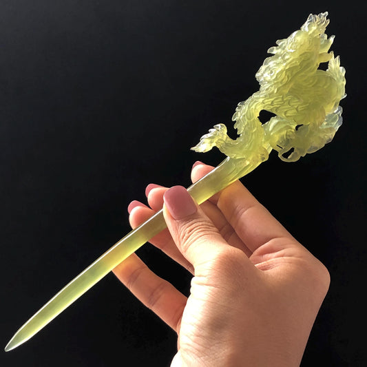 Certified Natural Xiu Jade Serpentine Hand Carved Soaring Green Dragon Hair Pin | Ice Green Jade Hair Stick | Asian Vintage Hair Fork Gift for her japanese hairpin korean hair stick hanfu hair fork vintage hair comb antique hair pins dragon carving hand engraved dragon green jade carving hand carved dragon hair stick