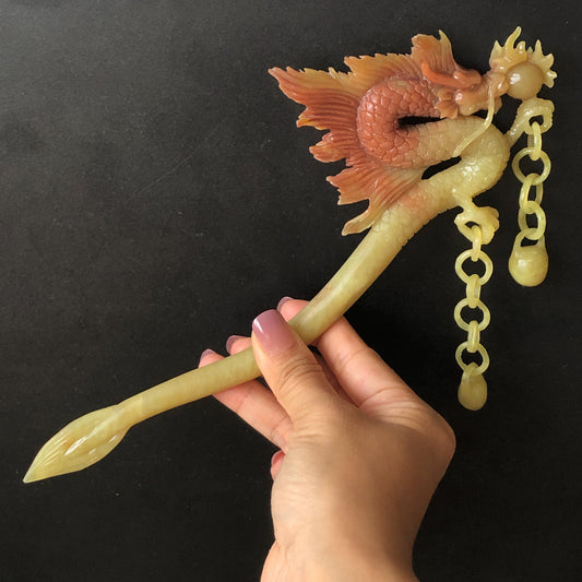 Certified Natural Xiu Jade Serpentine Hand Carved Soaring Golden Fire Dragon Hair Pin with Dangle | Gold Red Jade Hair Stick | Asian Vintage Hair Fork Gift for her japanese hairpin korean hair stick hanfu hair fork vintage hair comb antique hair pins dragon carving hand engraved dragon red jade gold jade yellow jade carving hand carved dragon hair stick fire dragon golden dragon wedding headpiece bridal hair jewelry engagement hair accessory antique hair fork