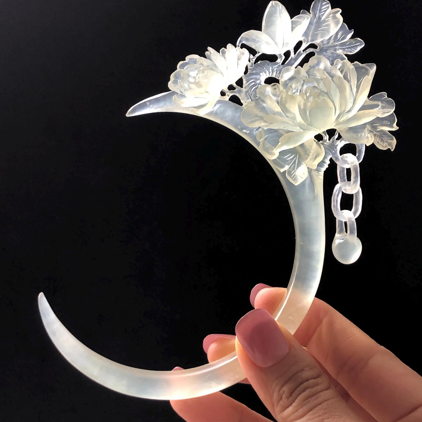 Certified Xiu Jade Serpentine Hand-Carved Peony Flower Hair Pin with Dangle | Ice White Jade Hair Stick | Bridal Wedding Headpiece Gift for her japanese hairpin korean hair stick chinese hair comb asian hair fork moon hair stick hair pins with dangle ice white jade carving Peony carving flower carving natural untreated jade with certificate bridal shower gift wedding hair accessory hair jewelry