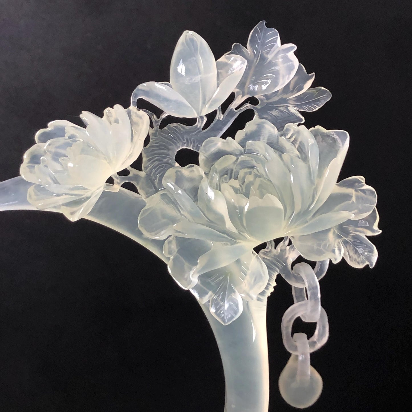 Certified Xiu Jade Serpentine Hand-Carved Peony Flower Hair Pin with Dangle | Ice White Jade Hair Stick | Bridal Wedding Headpiece Gift for her japanese hairpin korean hair stick chinese hair comb asian hair fork moon hair stick hair pins with dangle ice white jade carving Peony carving flower carving natural untreated jade with certificate bridal shower gift wedding hair accessory hair jewelry