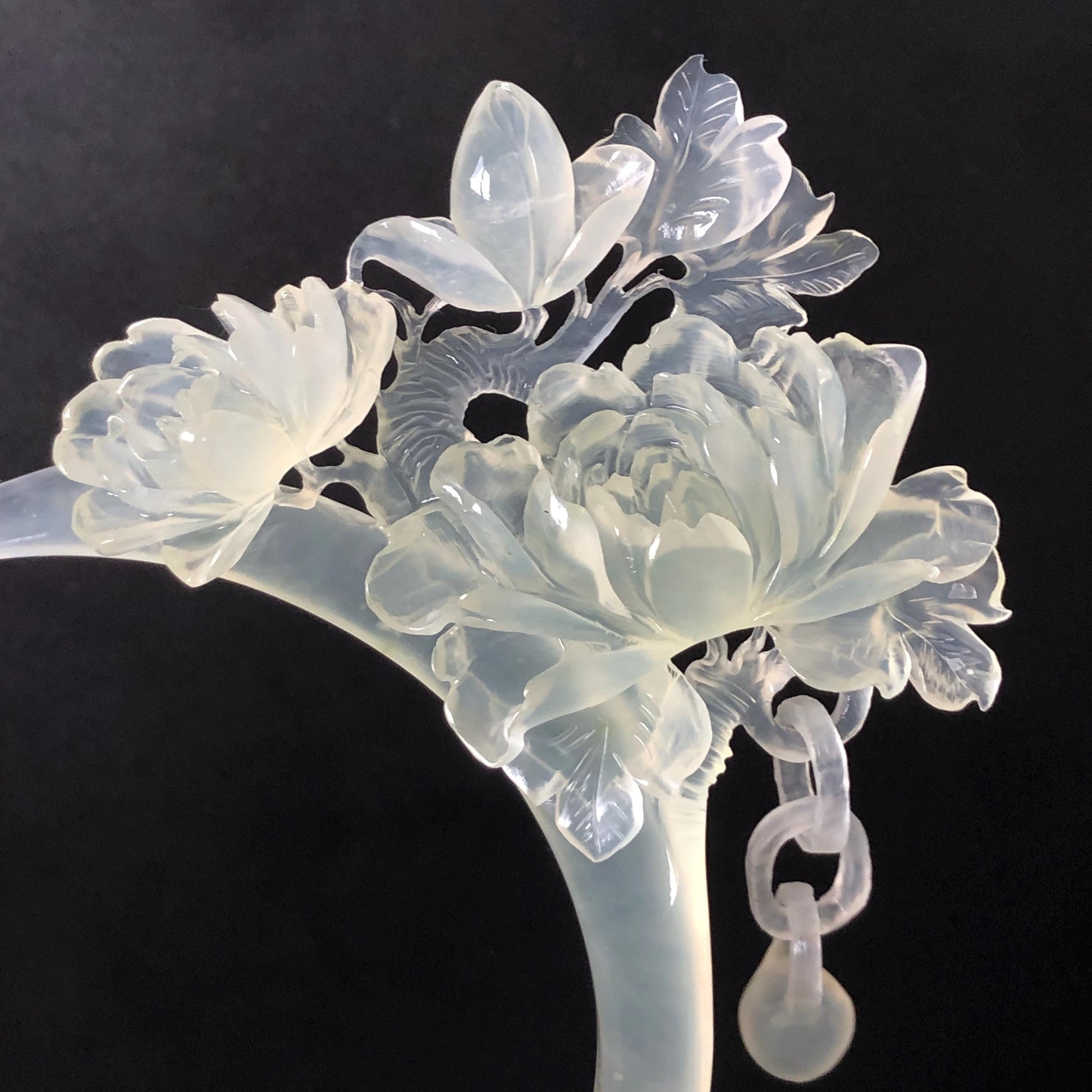 Certified Xiu Jade Serpentine Hand-Carved Peony Flower Hair Pin with Dangle | Ice White Jade Hair Stick | Bridal Wedding Headpiece Gift for her japanese hairpin korean hair stick chinese hair comb asian hair fork moon hair stick hair pins with dangle ice white jade carving Peony carving flower carving natural untreated jade with certificate bridal shower gift wedding hair accessory hair jewelry