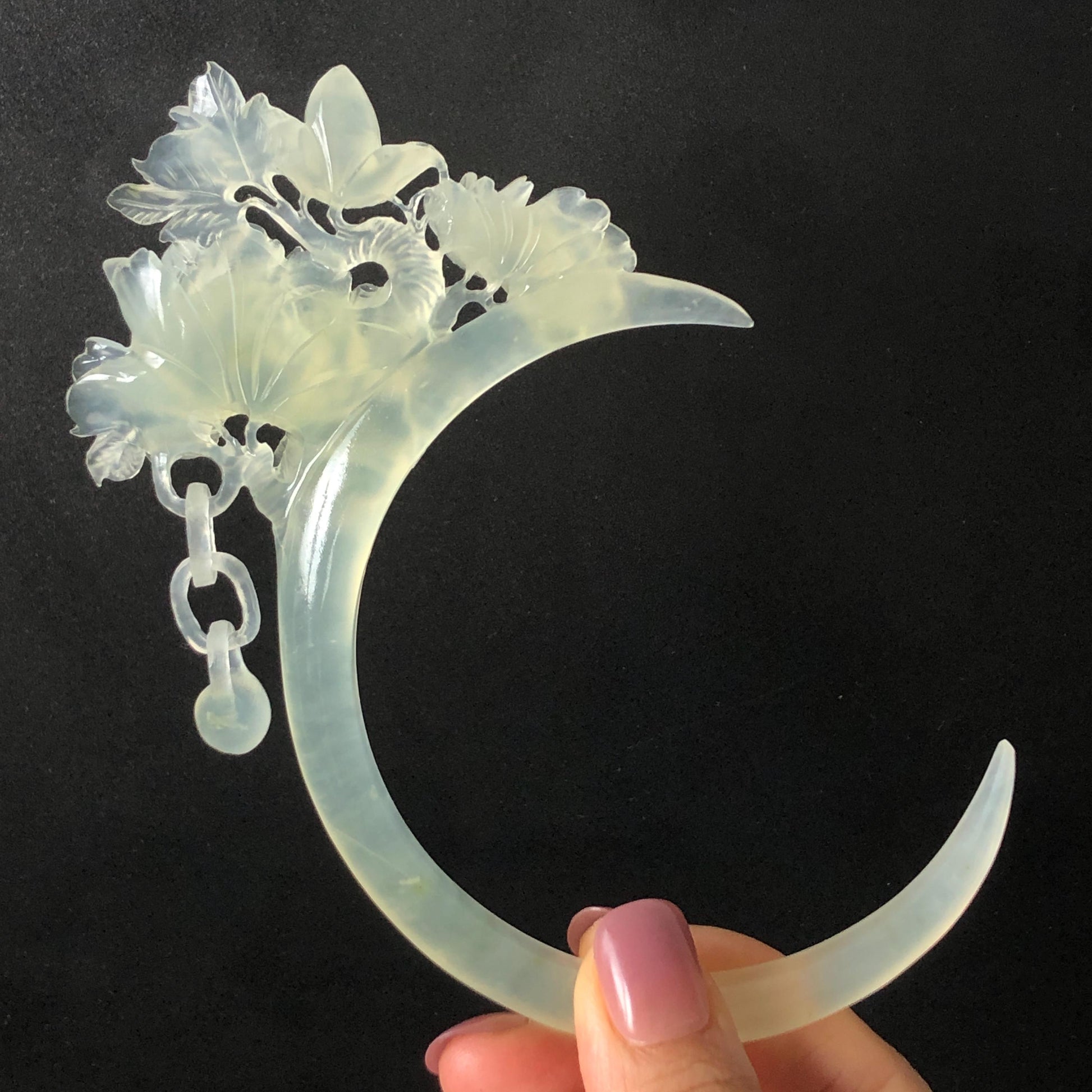 Certified Xiu Jade Serpentine Hand-Carved Peony Flower Hair Pin with Dangle | Ice White Jade Hair Stick | Bridal Wedding Headpiece Gift for her japanese hairpin korean hair stick chinese hair comb asian hair fork moon hair stick hair pins with dangle ice white jade carving Peony carving flower carving natural untreated jade with certificate bridal shower gift wedding hair accessory hair jewelry