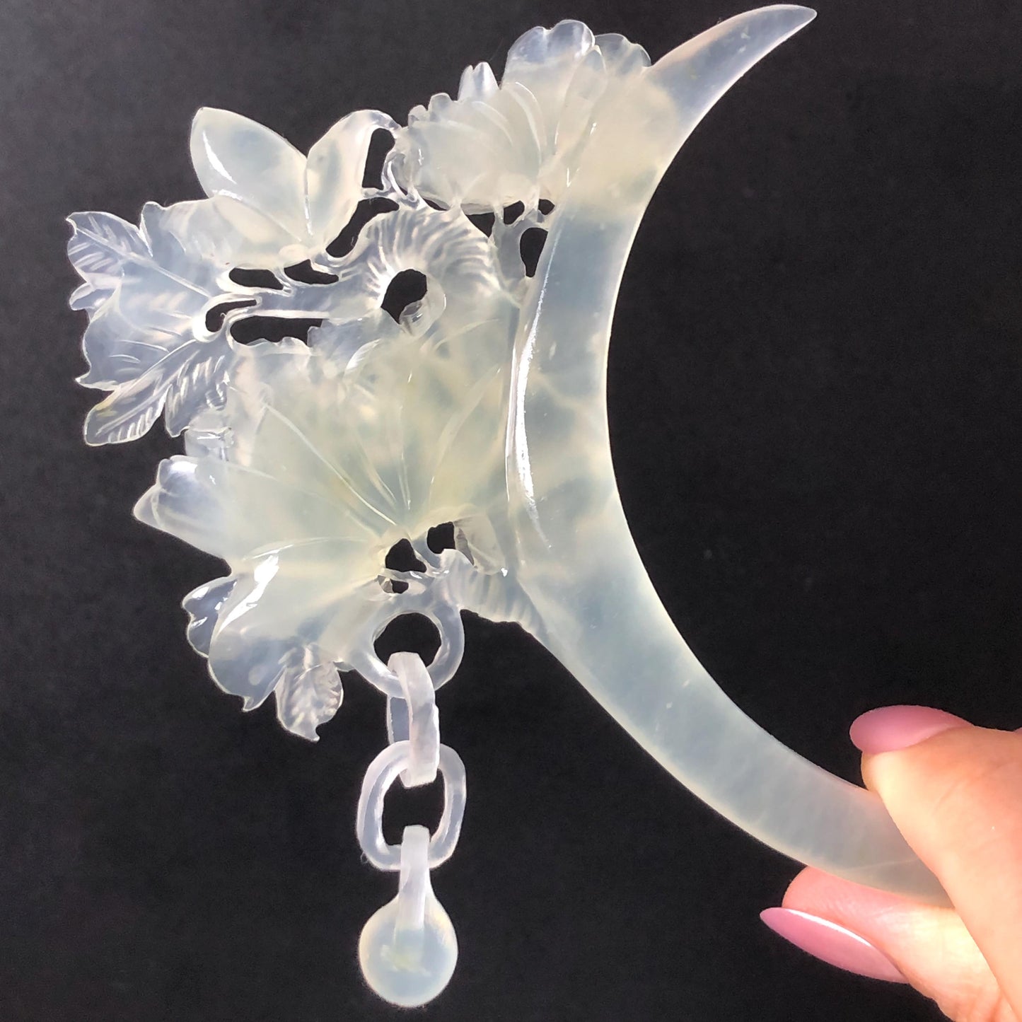 Certified Xiu Jade Serpentine Hand-Carved Peony Flower Hair Pin with Dangle | Ice White Jade Hair Stick | Bridal Wedding Headpiece Gift for her japanese hairpin korean hair stick chinese hair comb asian hair fork moon hair stick hair pins with dangle ice white jade carving Peony carving flower carving natural untreated jade with certificate bridal shower gift wedding hair accessory hair jewelry