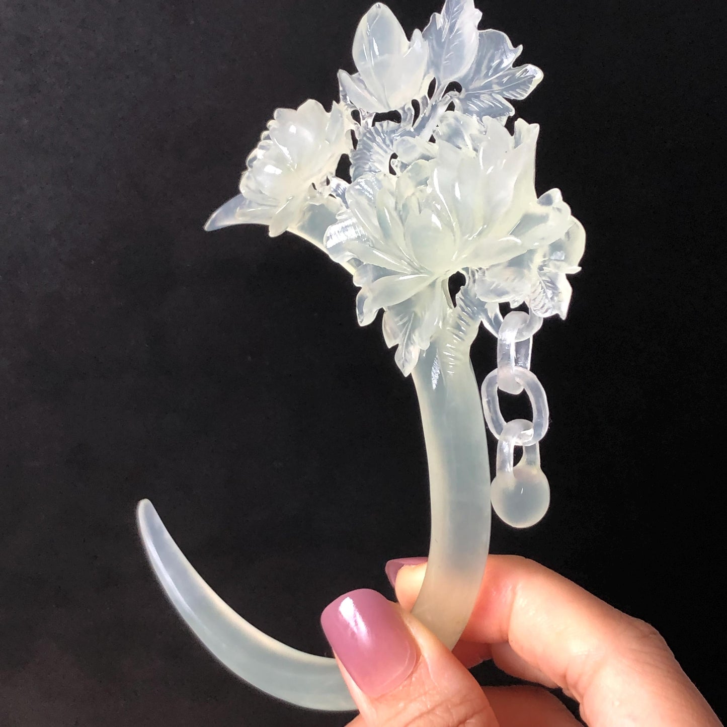 Certified Xiu Jade Serpentine Hand-Carved Peony Flower Hair Pin with Dangle | Ice White Jade Hair Stick | Bridal Wedding Headpiece Gift for her japanese hairpin korean hair stick chinese hair comb asian hair fork moon hair stick hair pins with dangle ice white jade carving Peony carving flower carving natural untreated jade with certificate bridal shower gift wedding hair accessory hair jewelry