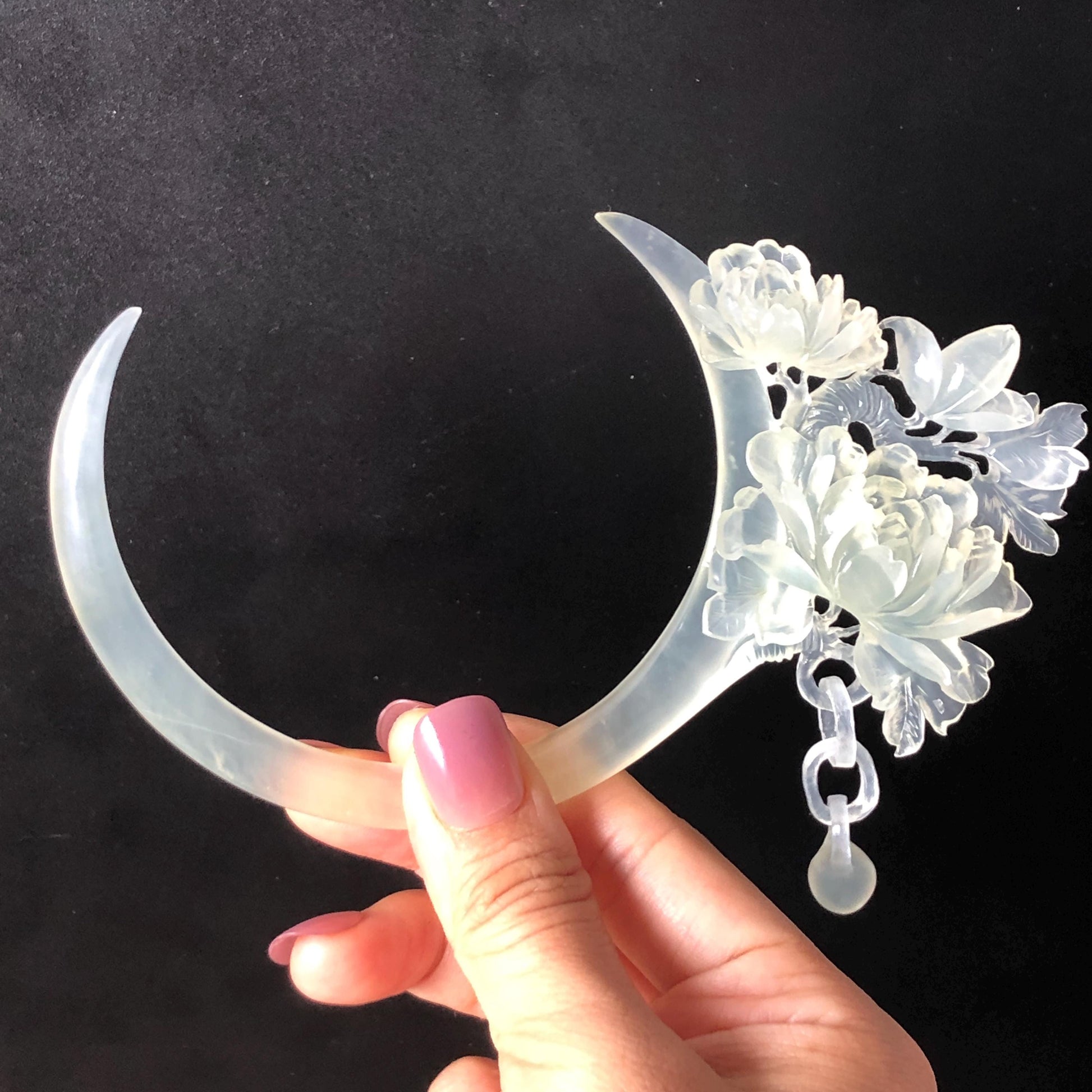 Certified Xiu Jade Serpentine Hand-Carved Peony Flower Hair Pin with Dangle | Ice White Jade Hair Stick | Bridal Wedding Headpiece Gift for her japanese hairpin korean hair stick chinese hair comb asian hair fork moon hair stick hair pins with dangle ice white jade carving Peony carving flower carving natural untreated jade with certificate bridal shower gift wedding hair accessory hair jewelry