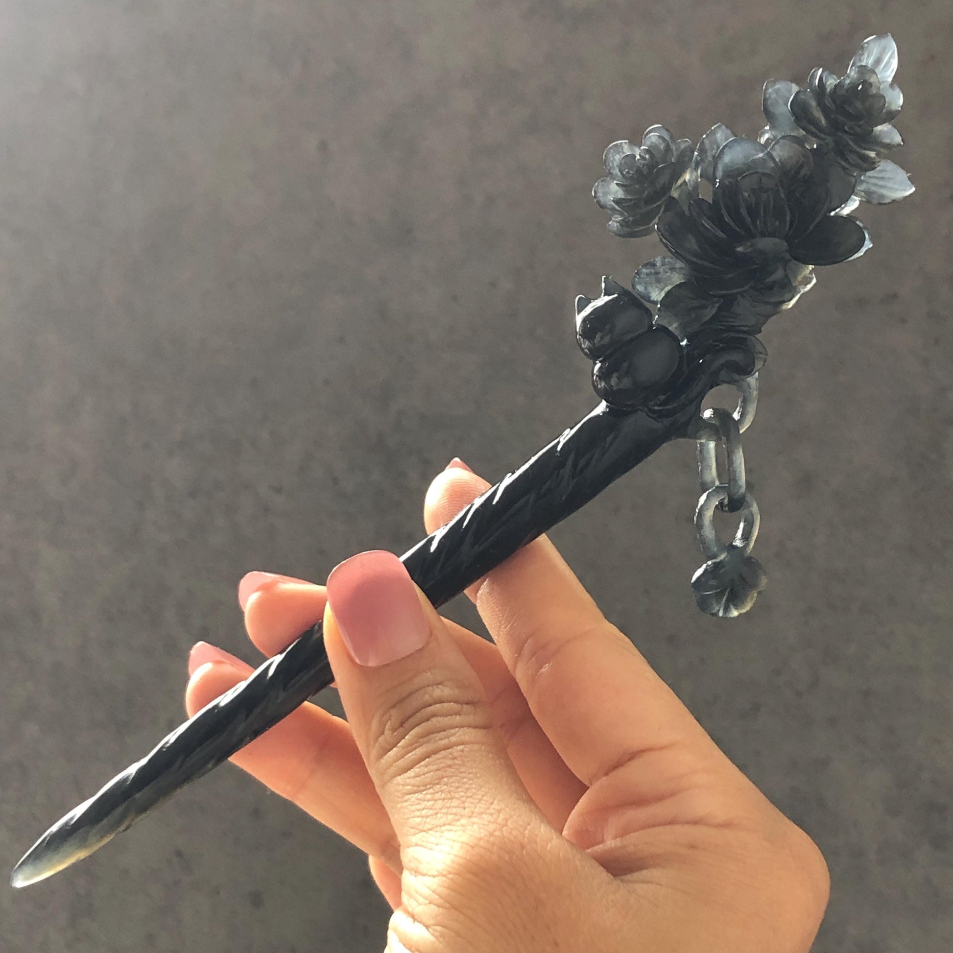 Certified Xiu Jade Serpentine Hand-Carved Cat & Camellia Flower Hair Pin with Dangle | Black Jade Hair Stick | Vintage Kitten Hair Fork Gift black jade carving hand engraved cat hairpins hand carved hair stick cat carving kitten carving black cat hair fork flower carving natural untreated jade with certificate japanese hair stick korean hair fork chinese hair pins hanfu hairpins vintage hair comb cat lover gift gothic hairpins jade hair accessory carved hair jewelry