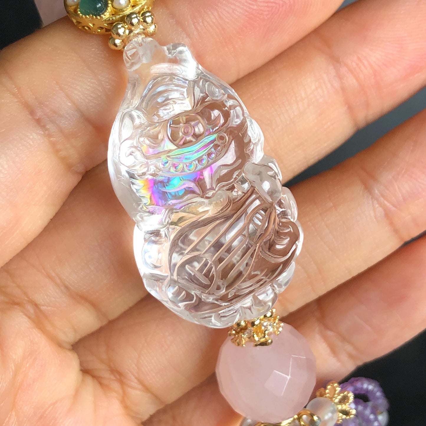 Rare Find Rainbow Clear Quartz Carved Nine-tailed Fox Pendant Charm Rose Quartz Bead Bracelet | Removable Crystal Tassel Personalized Gift rainbow quartz charm hand engraved fox charm hand carved fox pendant nine tail fox bracelet rose quartz bracelet pink crystal clear quartz bracelet chakra crystal birthstone bracelet healing stone love stone amethyst crystal moonstoon tourmaline charm personalised bracelet diy bead bracelet gold-plated charm