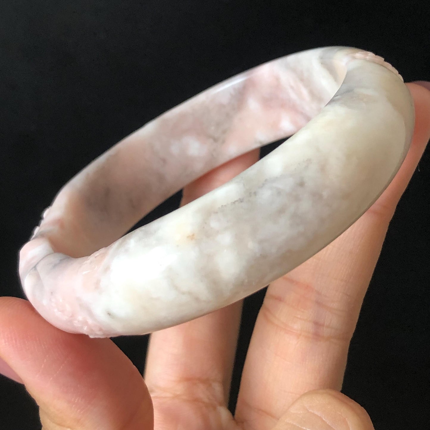 Customised Size 50-65mm! Natural SheTaiCui Jade (Quartzite) Hand Carved Cat Kitten Bangle | White and Pink Jade Bracelet | Cat Lover Crystal Gemstone Gift  personalized bangle custom made bracelet hand engraved jade bangle tailor made jade bangle custom size bangle big size bangle small size bangle jade carving purple jade white jade kitten bangle cat bracelet gift for cat lover gift for her real untreated jade pink jade white jade caramel orange jade brown jade