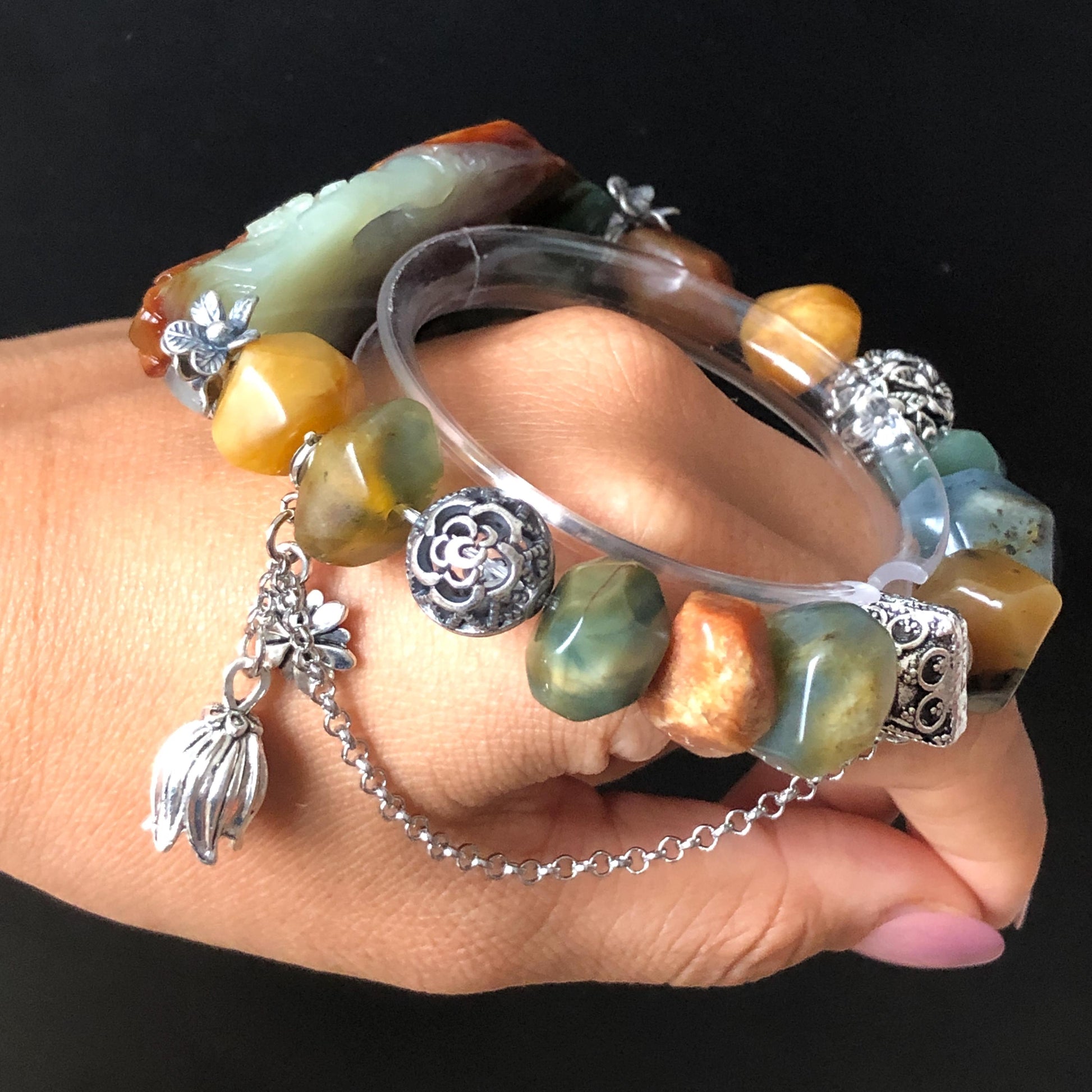Natural Xiu Jade Serpentine Hand Carved Squirrel Charm with Irregular Bead Bracelet | Green Blue Brown White Jade | Vintage Tibetan Silver | Crystal Stone Gemstone Gift for her  rabbit lover gift bunny lover gift customised bracelet hand engraved jade bracelet hand carved bracelet carved charm carved pendant rabbit carving bunny bracelet yellow jade green jade silver bracelet tailor made bracelet personalised bracelet diy bracelet natural untreated jade elastic stretch bracelet squirrel carving