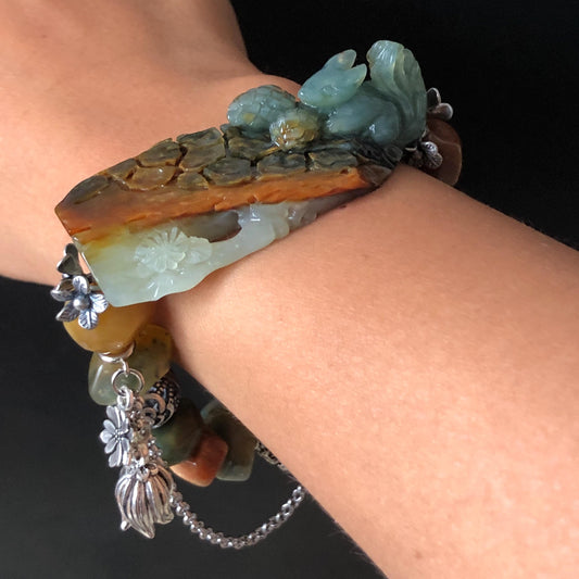 Natural Xiu Jade Serpentine Hand Carved Squirrel Charm with Irregular Bead Bracelet | Green Blue Brown White Jade | Vintage Tibetan Silver | Crystal Stone Gemstone Gift for her  rabbit lover gift bunny lover gift customised bracelet hand engraved jade bracelet hand carved bracelet carved charm carved pendant rabbit carving bunny bracelet yellow jade green jade silver bracelet tailor made bracelet personalised bracelet diy bracelet natural untreated jade elastic stretch bracelet squirrel carving