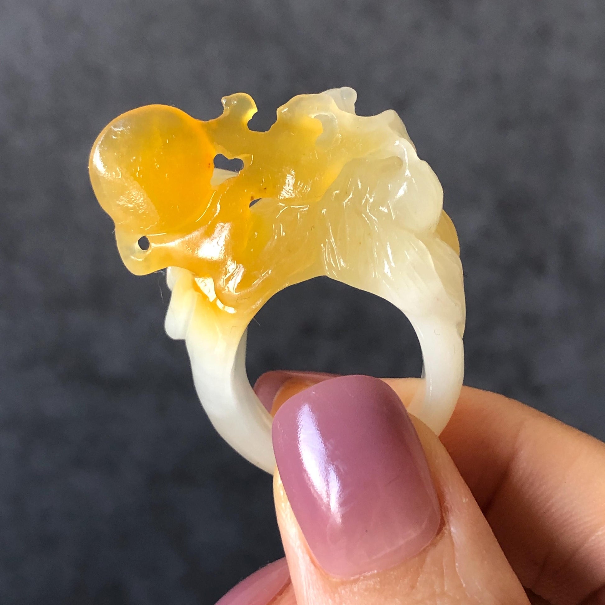 Natural Xiu Jade Serpentine Hand-Carved Nine-tailed Fox Statement Ring 17.7mm (US 7.5) | Yellow & White Jade | 3D Fox Carving Gemstone Ring gift for her yellow jade carving white jade nine tail fox carving hand engraved statement ring peony carving hand carved flower carving moon carving moon ring natural untreated jade