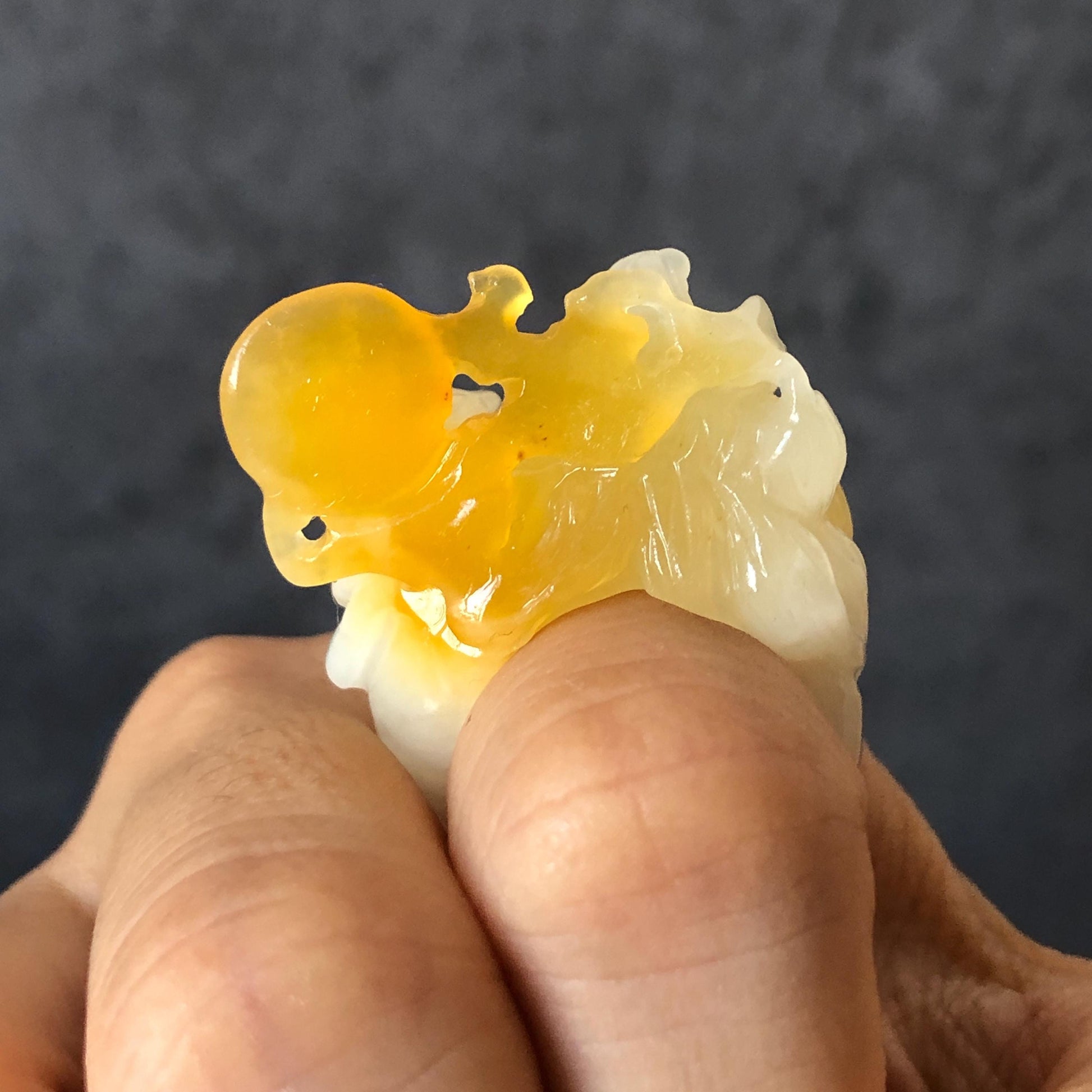 Natural Xiu Jade Serpentine Hand-Carved Nine-tailed Fox Statement Ring 17.7mm (US 7.5) | Yellow & White Jade | 3D Fox Carving Gemstone Ring gift for her yellow jade carving white jade nine tail fox carving hand engraved statement ring peony carving hand carved flower carving moon carving moon ring natural untreated jade