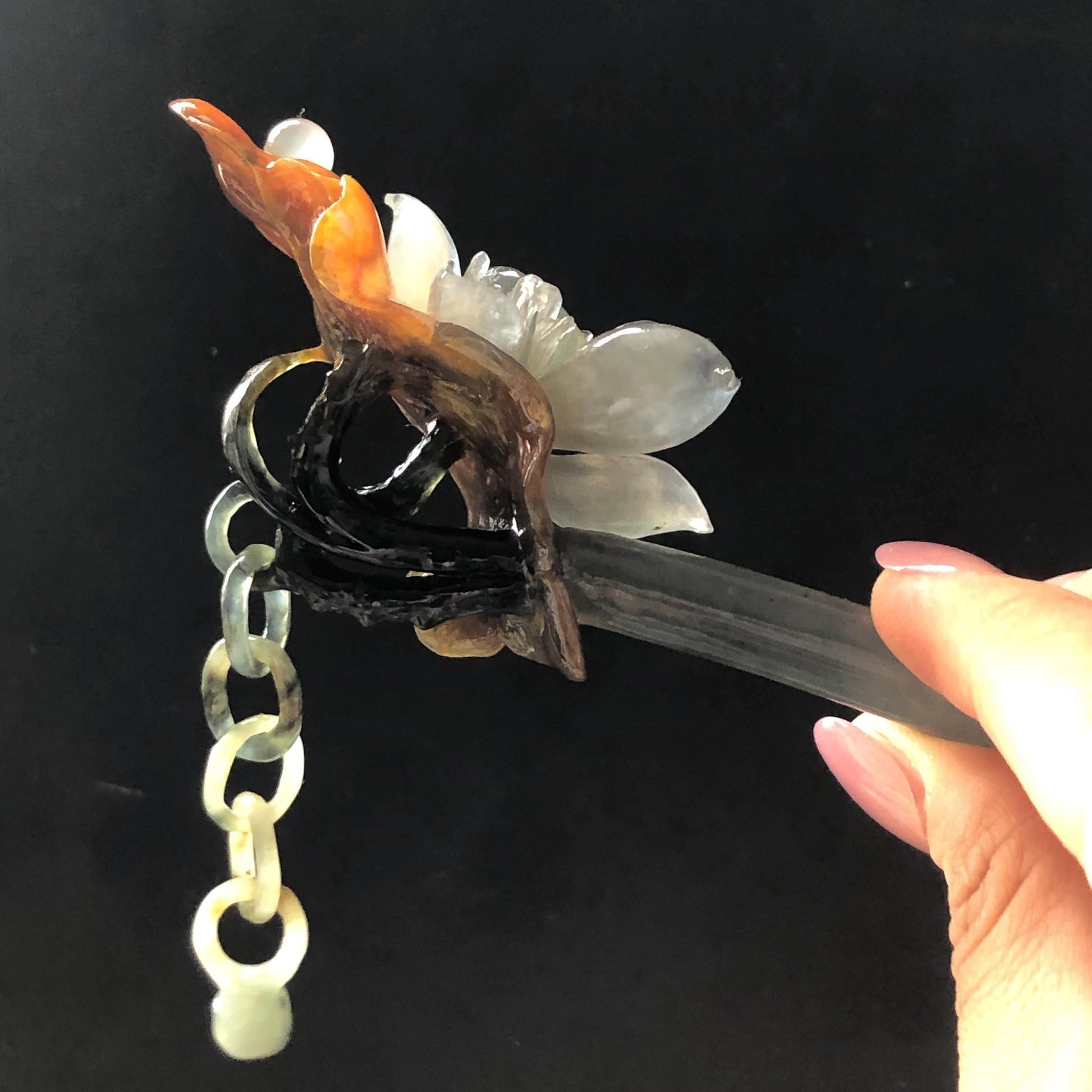Certified Natural Xiu Jade Serpentine Hand Carved 4 Coloured Lotus Flower Hair Pin with Dangle | Ice Grey Brown Black Green Jade Hair Stick