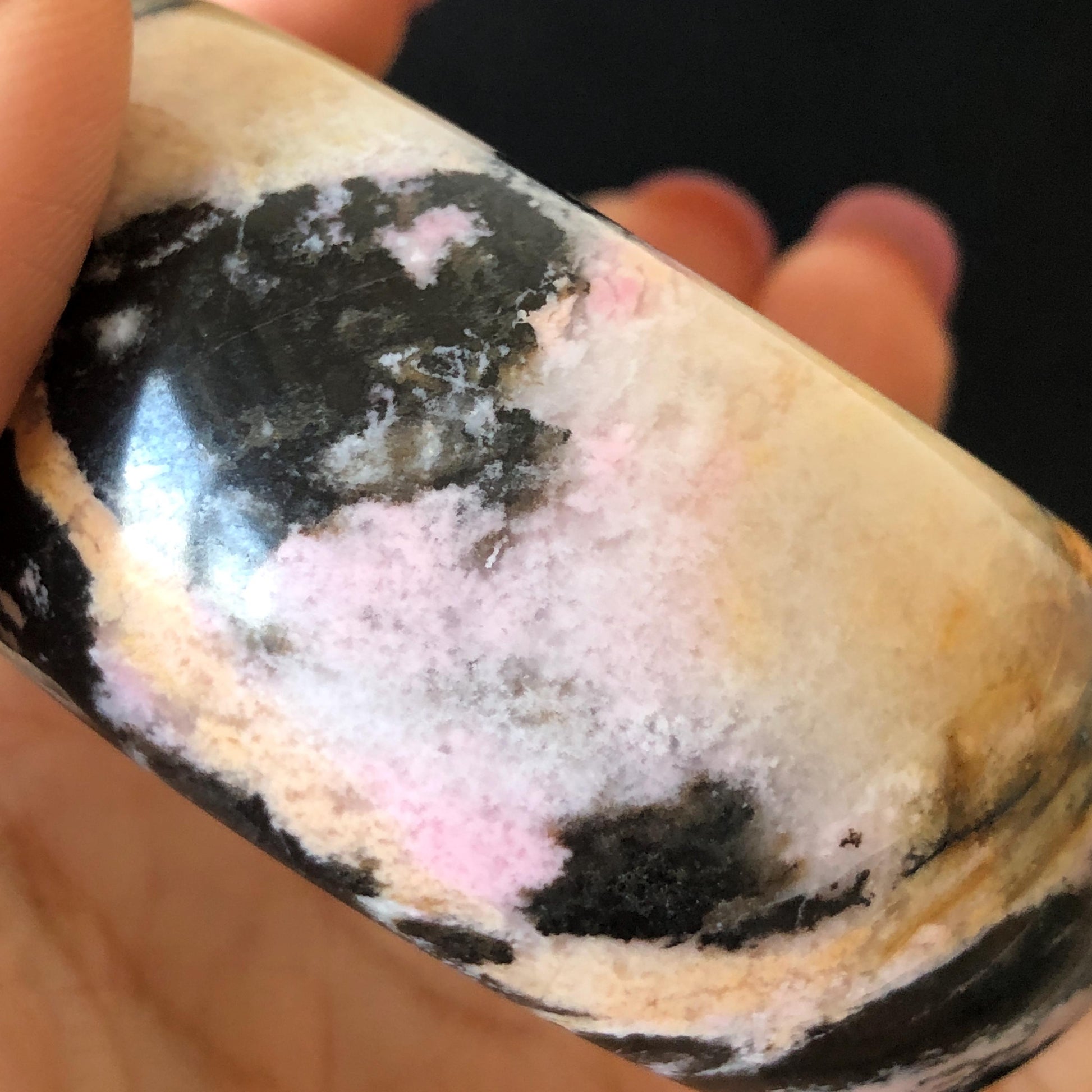 57.4mm Natural Rhodonite Stone Bangle | Black Ink Painting | Golden Yellow & Baby Pink Scenery Bracelet | Heart Chakra Crystal Healing Stone gift for her wide bangle vintage bracelet rhodonite bangle rhodonite stone bracelet yellow crystal bracelet pink crystal bangle black bangle black stone bracelet love stone birthstone bracelet ink painting meditative stone untreated natural stone gemstone bracelet