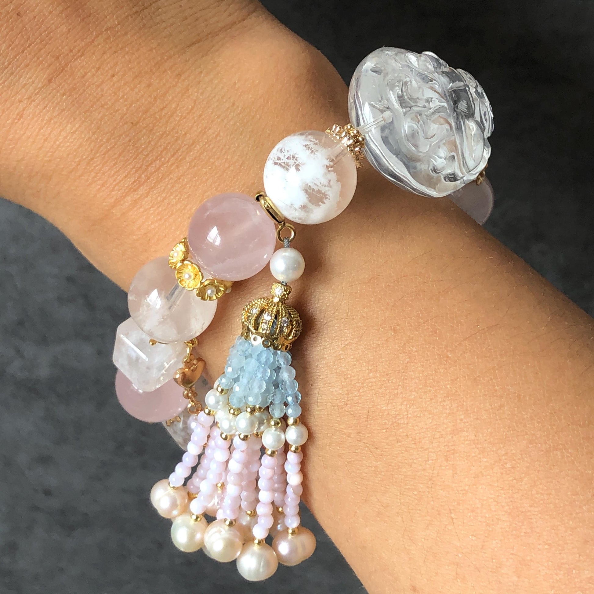 Rainbow Clear Quartz Carved Nine-tailed Fox Pendant Charm with Rose Quartz & Pink Phantom Quartz Bead Elastic Stretch Crystal Bracelet Gift for her Rainbow Crystal charm nine tail fox pendant hand engraved fox charm bracelet big bead bracelet Olivine charm removable tassel Pink Spinel Blue Apatite Crystal heart chakra crystal healing stone love stone meditative crystal