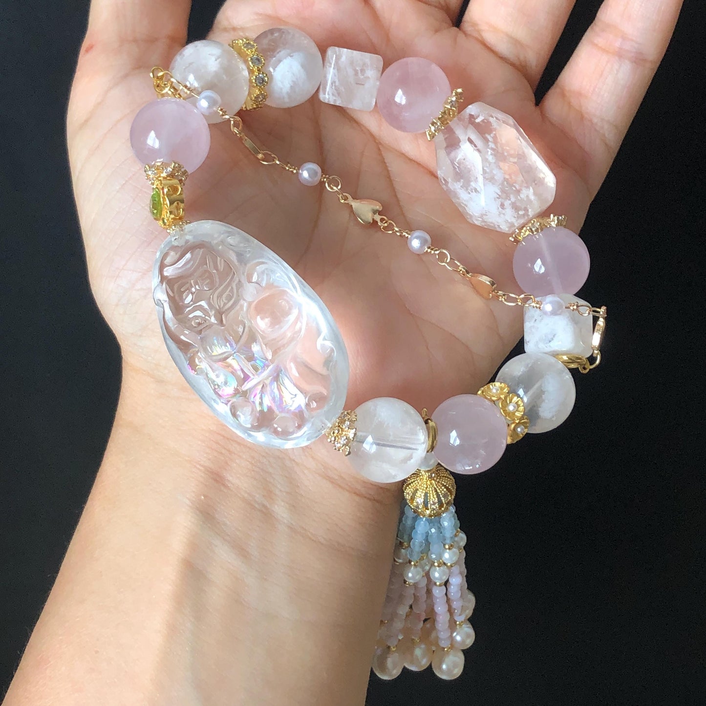 Rainbow Clear Quartz Carved Nine-tailed Fox Pendant Charm with Rose Quartz & Pink Phantom Quartz Bead Elastic Stretch Crystal Bracelet Gift for her Rainbow Crystal charm nine tail fox pendant hand engraved fox charm bracelet big bead bracelet Olivine charm removable tassel Pink Spinel Blue Apatite Crystal heart chakra crystal healing stone love stone meditative crystal