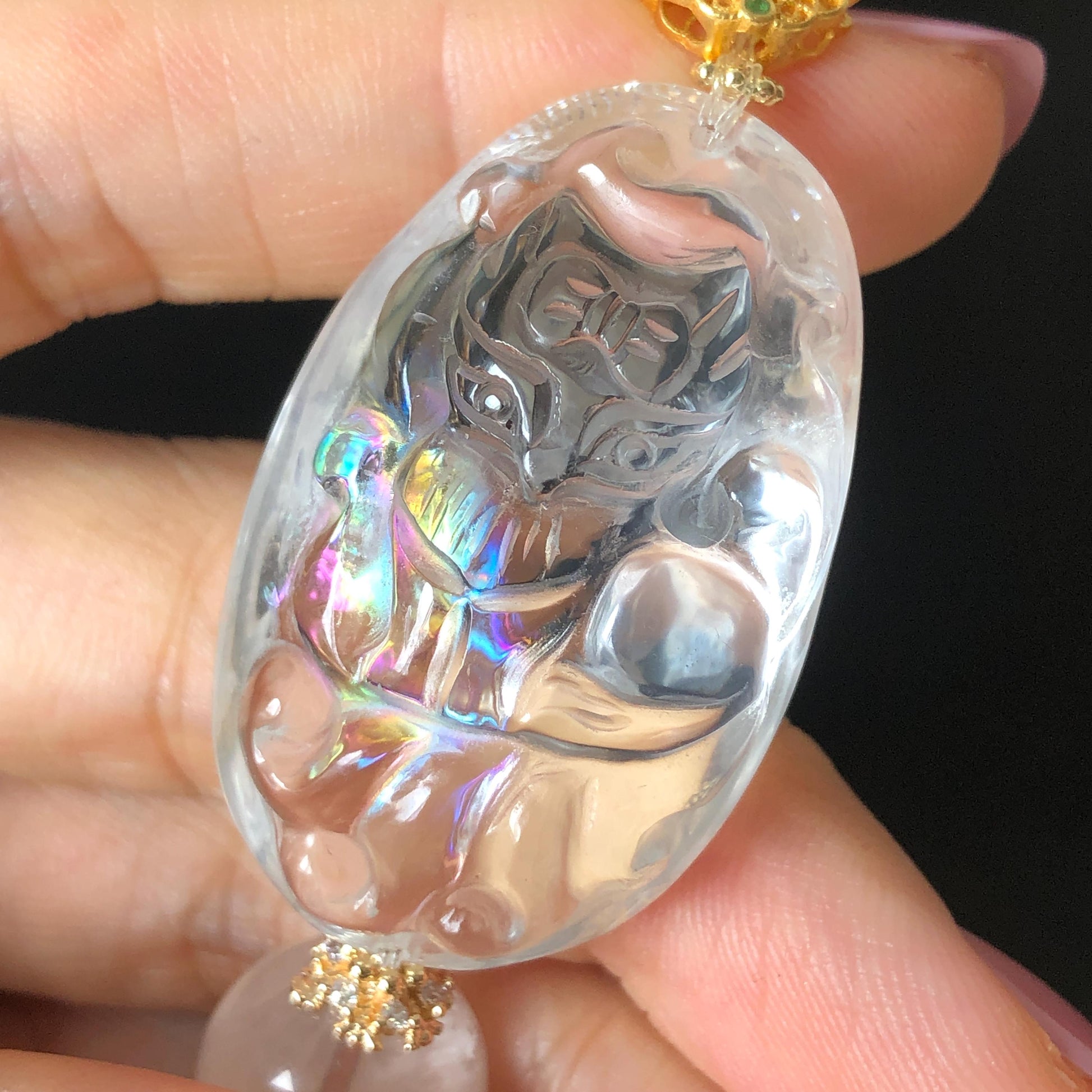 Rainbow Clear Quartz Carved Nine-tailed Fox Pendant Charm with Rose Quartz & Pink Phantom Quartz Bead Elastic Stretch Crystal Bracelet Gift for her Rainbow Crystal charm nine tail fox pendant hand engraved fox charm bracelet big bead bracelet Olivine charm removable tassel Pink Spinel Blue Apatite Crystal heart chakra crystal healing stone love stone meditative crystal