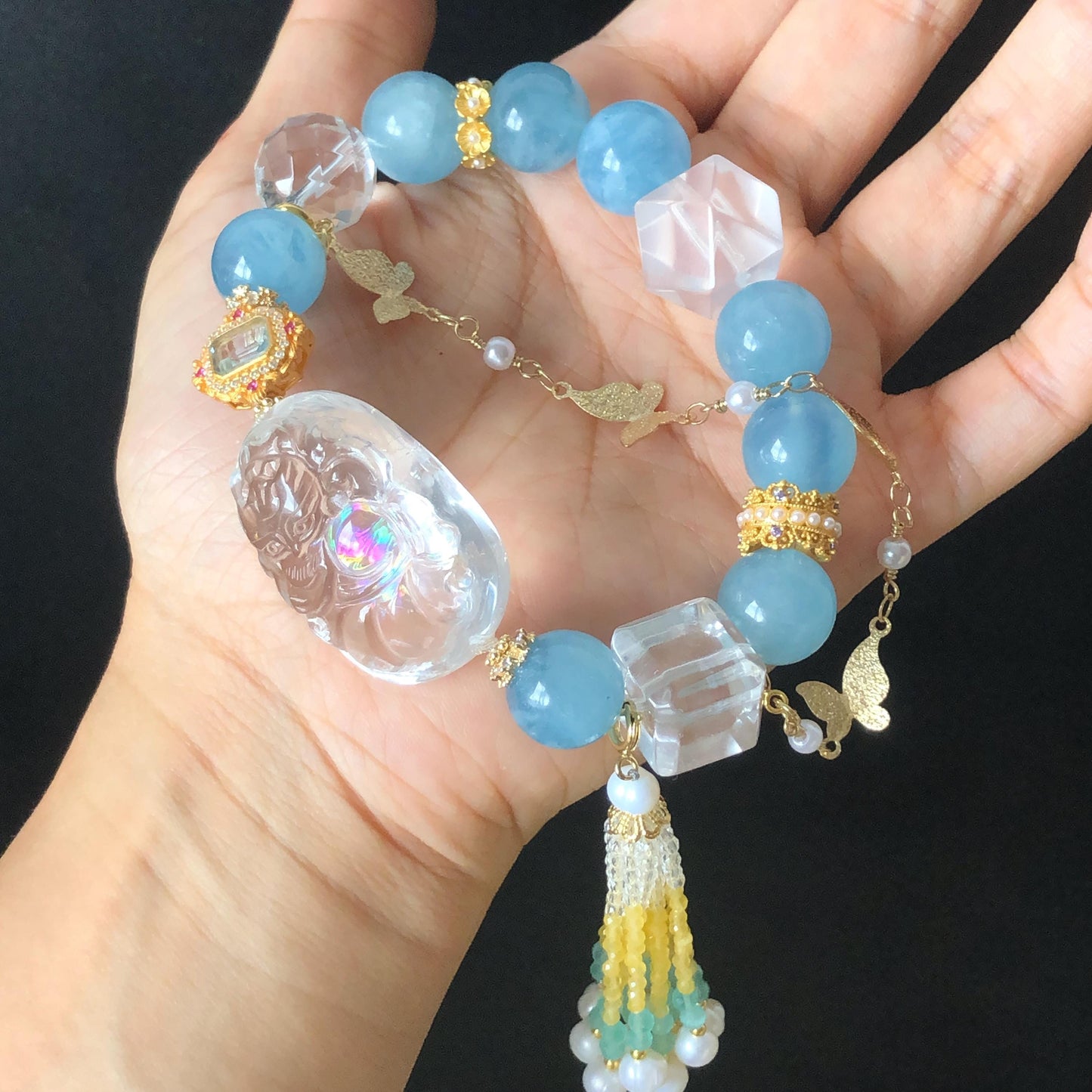 Rare Find Rainbow Clear Quartz Carved Nine-tailed Fox Pendant Charm with Aquamarine, Rose Quartz, Clear Quartz Crystal Big Bead Bracelet | Removable Tassel | Self-Expression & Communication | Custom Made | Personalized Gift for her hand engraved fox charm carved fox bracelet customised bracelet pink crystal blue crystal heart chakra throat chakra meditative crystal healing stone love stone fox carving elastic stretch bracelet