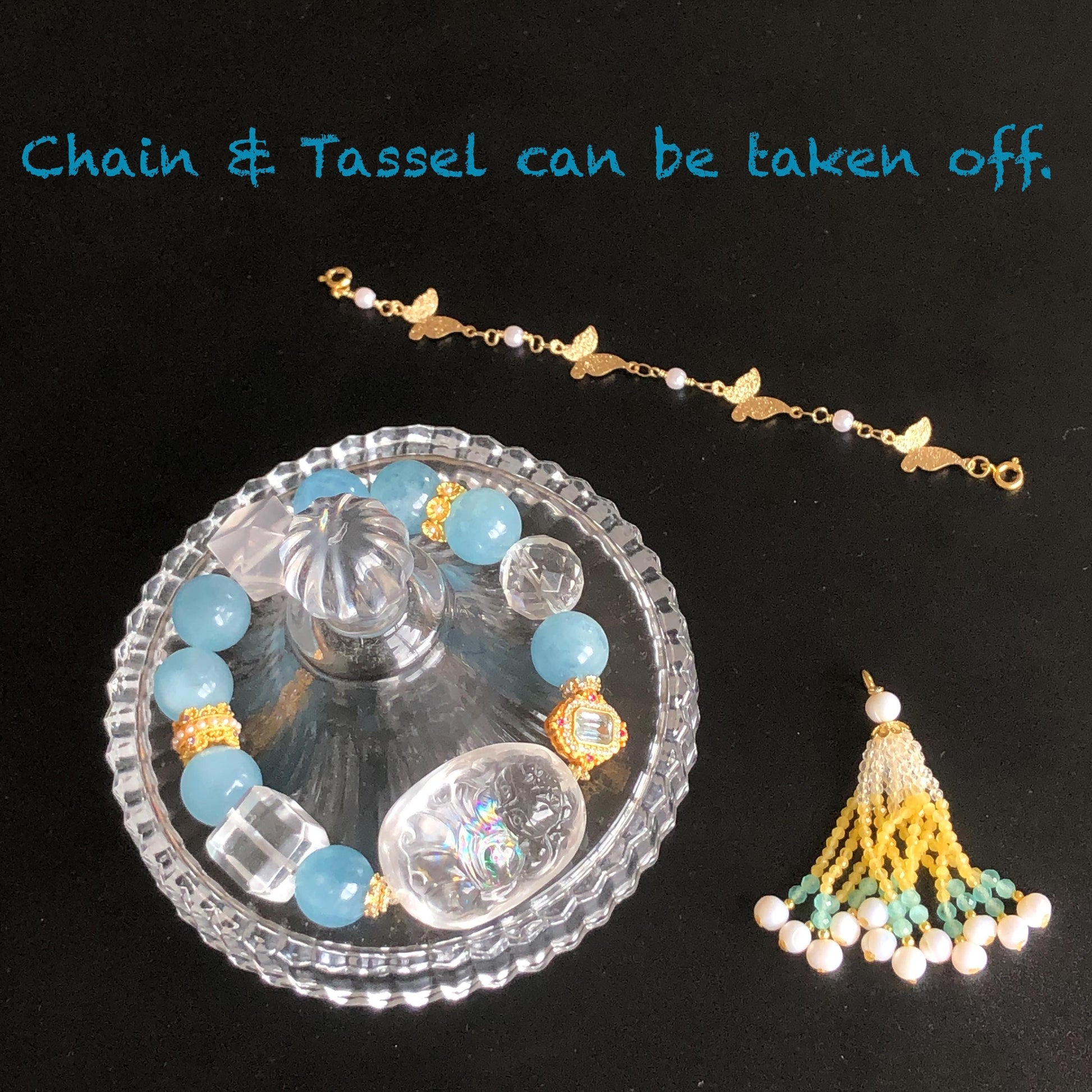 Rare Find Rainbow Clear Quartz Carved Nine-tailed Fox Pendant Charm with Aquamarine, Rose Quartz, Clear Quartz Crystal Big Bead Bracelet | Removable Tassel | Self-Expression & Communication | Custom Made | Personalized Gift for her hand engraved fox charm carved fox bracelet customised bracelet pink crystal blue crystal heart chakra throat chakra meditative crystal healing stone love stone fox carving elastic stretch bracelet
