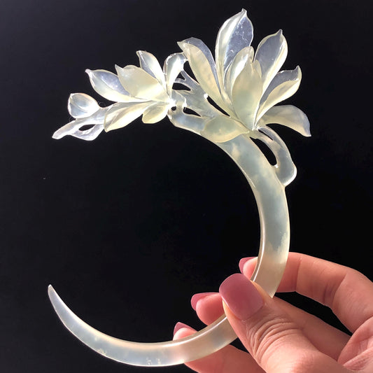 Certified Xiu Jade Serpentine Carved Yulan Flower Hair Pin | Ice Green Jade Hair Stick | Chinese Vintage Hanfu Antique Bridal Hair Fork Gift for her japanese hairpin korean hair stick chinese hair fork vintage hair comb antique hair pins hanfu hair stick bridal shower hair jewelry wedding headpiece bridal shower gift engagement hair accessory jade carving hand engraved jade hand carved flower jade hairpins untreated natural jade with certificate