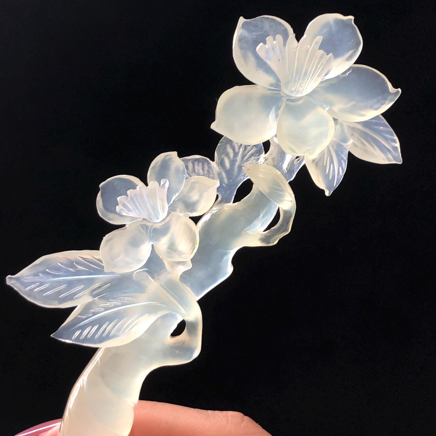 Certified Xiu Jade Serpentine Carved Lily Flower Hair Pin | Ice White Jade Hair Stick | Chinese Vintage Hanfu Antique Bridal Hair Fork Gift for her japanese hairpin korean hair stick chinese hair fork vintage hair comb antique hair pins hanfu hair stick bridal shower hair jewelry wedding headpiece bridal shower gift engagement hair accessory jade carving hand engraved jade hand carved flower jade hairpins untreated natural jade with certificate