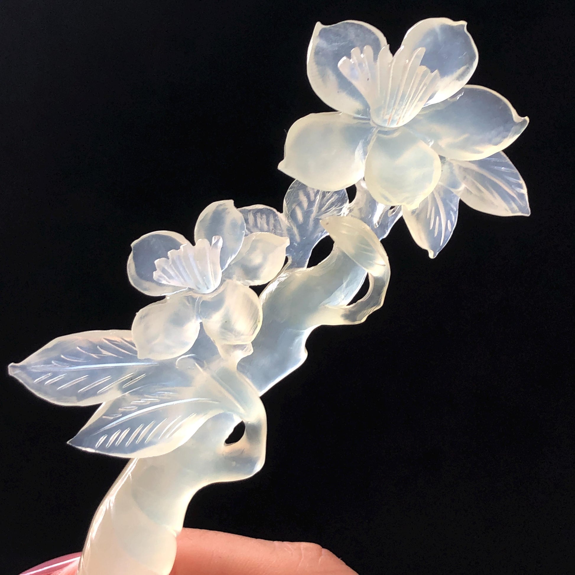 Certified Xiu Jade Serpentine Carved Lily Flower Hair Pin | Ice White Jade Hair Stick | Chinese Vintage Hanfu Antique Bridal Hair Fork Gift for her japanese hairpin korean hair stick chinese hair fork vintage hair comb antique hair pins hanfu hair stick bridal shower hair jewelry wedding headpiece bridal shower gift engagement hair accessory jade carving hand engraved jade hand carved flower jade hairpins untreated natural jade with certificate