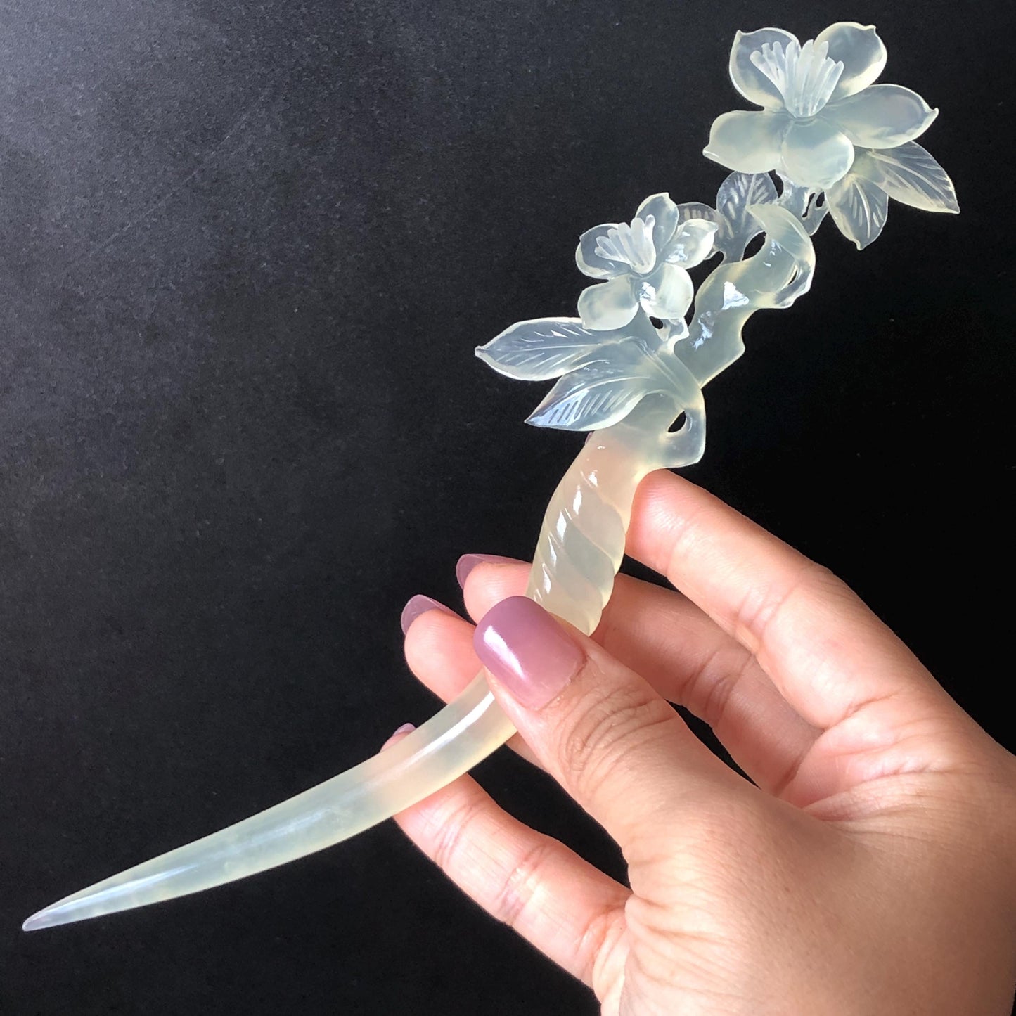 Certified Xiu Jade Serpentine Carved Lily Flower Hair Pin | Ice White Jade Hair Stick | Chinese Vintage Hanfu Antique Bridal Hair Fork Gift for her japanese hairpin korean hair stick chinese hair fork vintage hair comb antique hair pins hanfu hair stick bridal shower hair jewelry wedding headpiece bridal shower gift engagement hair accessory jade carving hand engraved jade hand carved flower jade hairpins untreated natural jade with certificate