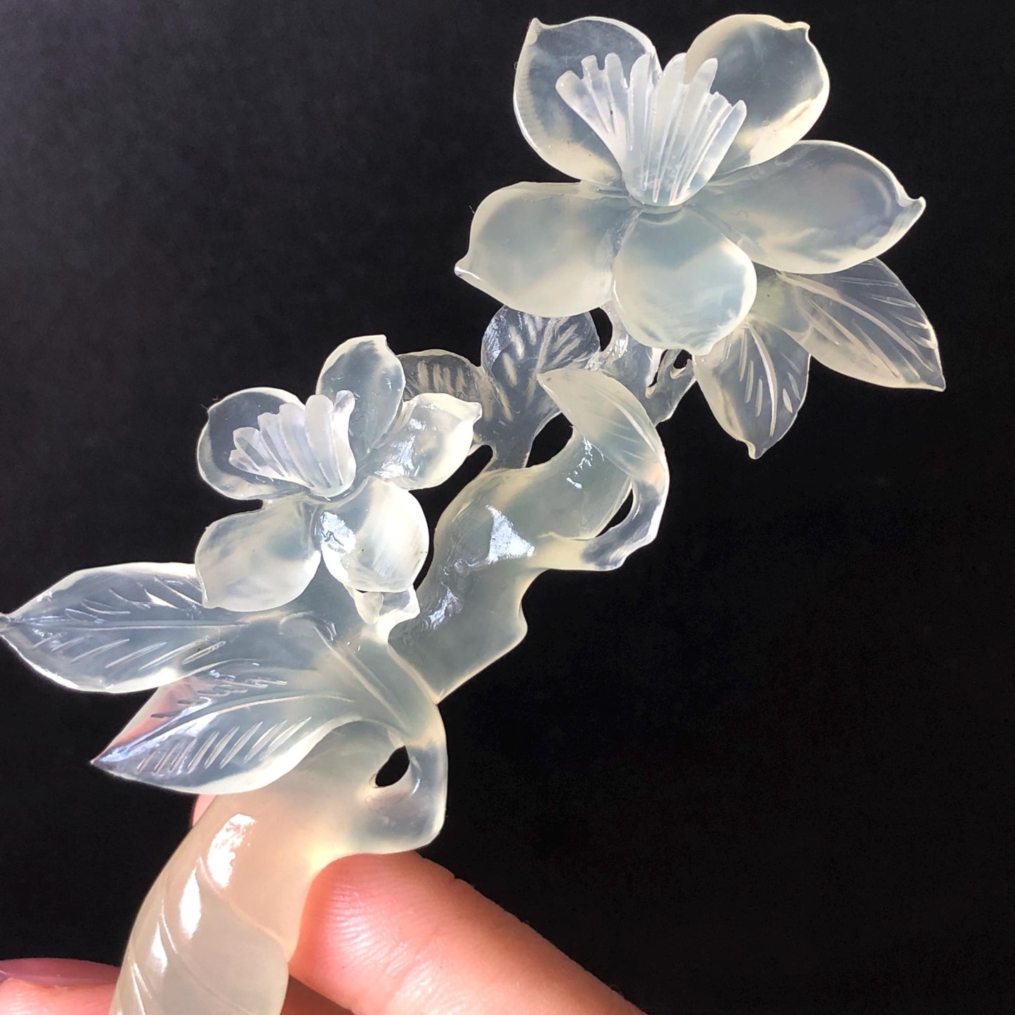 Certified Xiu Jade Serpentine Carved Lily Flower Hair Pin | Ice White Jade Hair Stick | Chinese Vintage Hanfu Antique Bridal Hair Fork Gift for her japanese hairpin korean hair stick chinese hair fork vintage hair comb antique hair pins hanfu hair stick bridal shower hair jewelry wedding headpiece bridal shower gift engagement hair accessory jade carving hand engraved jade hand carved flower jade hairpins untreated natural jade with certificate