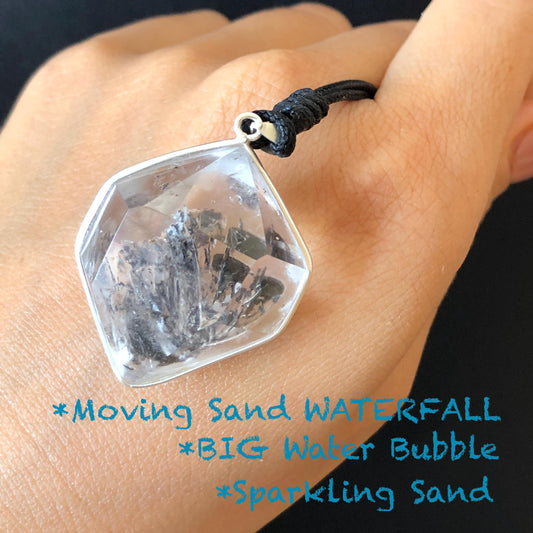 Rare Herkimer Diamond Sterling Silver Pendant Adjustable Necklace | Polished Enhydro Crystal | Multiple Moving Sand Waterfall & Big Bubble | Natural Gemstone Birthstone Gift for her  | Multiple Moving Sand & Rainbow crystal enhydro quartz sand water-fall pendant necklace choker gemstone charm stone pendant choker irregular stone pendant huge crystal charm birthstone gift for her men necklace chakra crystal purify stone minerals specimen adjustable choker