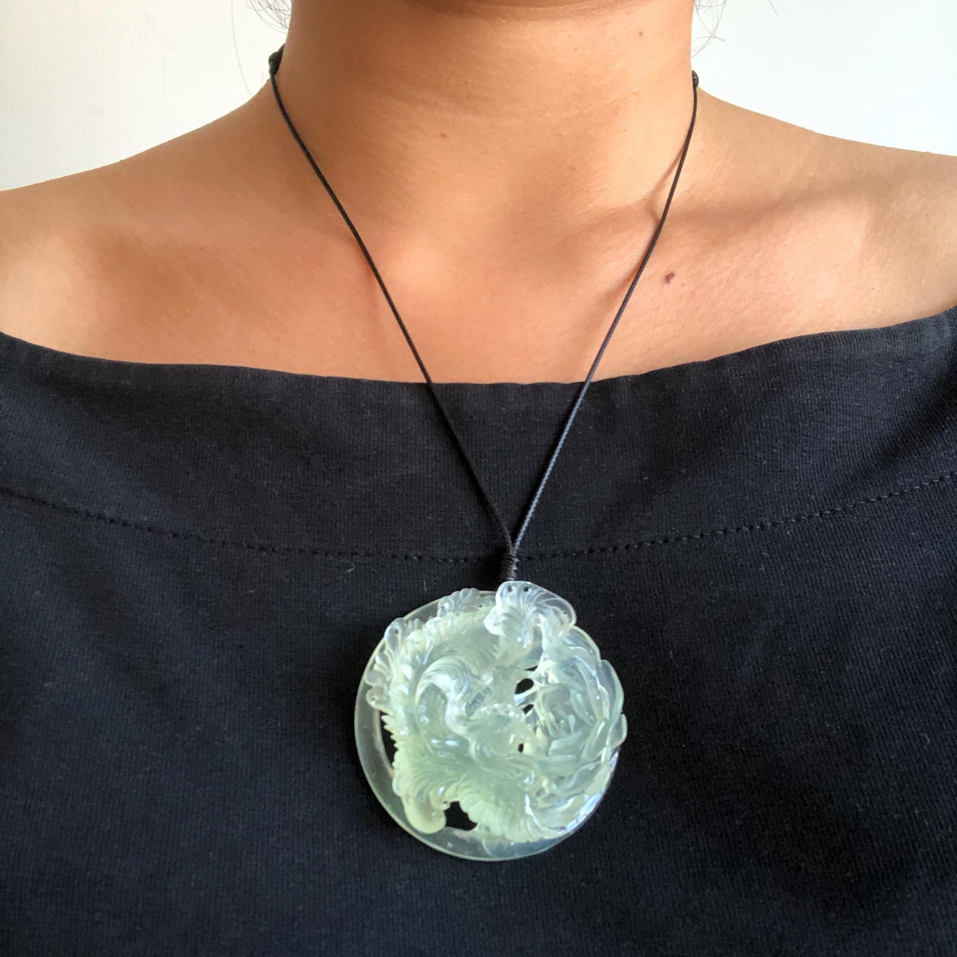 Xiu Jade Serpentine Hand Carved Phoenix & Peony Pendant Adjustable Necklace | Certified Natural Icy White Jade | Engraved Stone Crystal Gift for her hand engraved stone pendant jade carving phoenix carving peony carving carved jade charm adjustable necklace untreated jade with certificate choker necklace handcraft jade stone carving crystal carving engraved gemstone