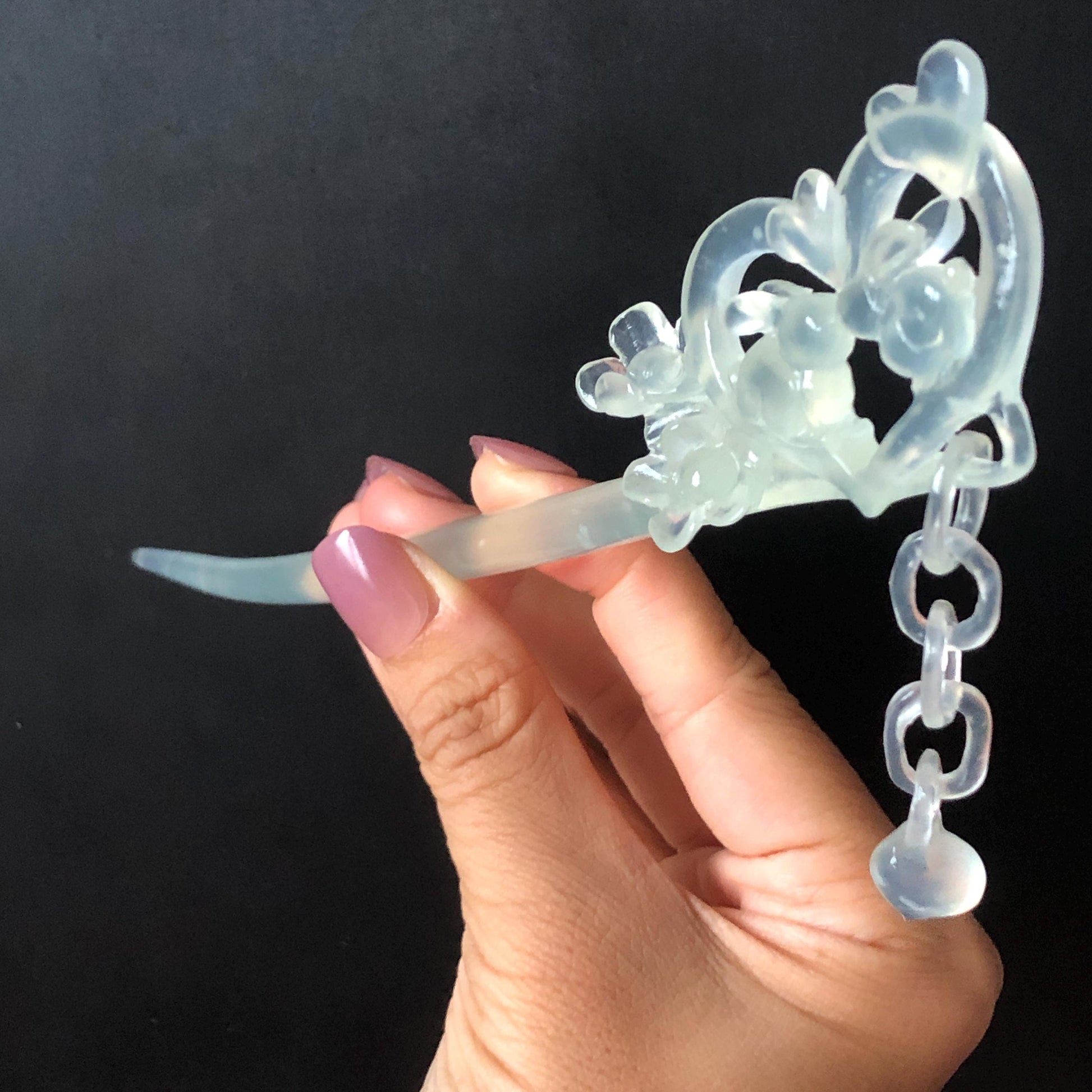 Xiu Jade Serpentine Hand Carved Bunny Hair Pin with Dangle | Rabbits in Love | Certified Icy White Jade Hair Stick | Asian Chinese Vintage Hair Fork gift for her hand engraved white jade carving koren hair stick japanese hair pin hanfu hair comb chinese hair clip hand engraved rabbit carving hand carved bunny carving carved moon carving icy chinese jade vinatge hair stick rabbit carving chinese hair stick antique hairpins natural untreated jade with certificate stone carving hair jewelry