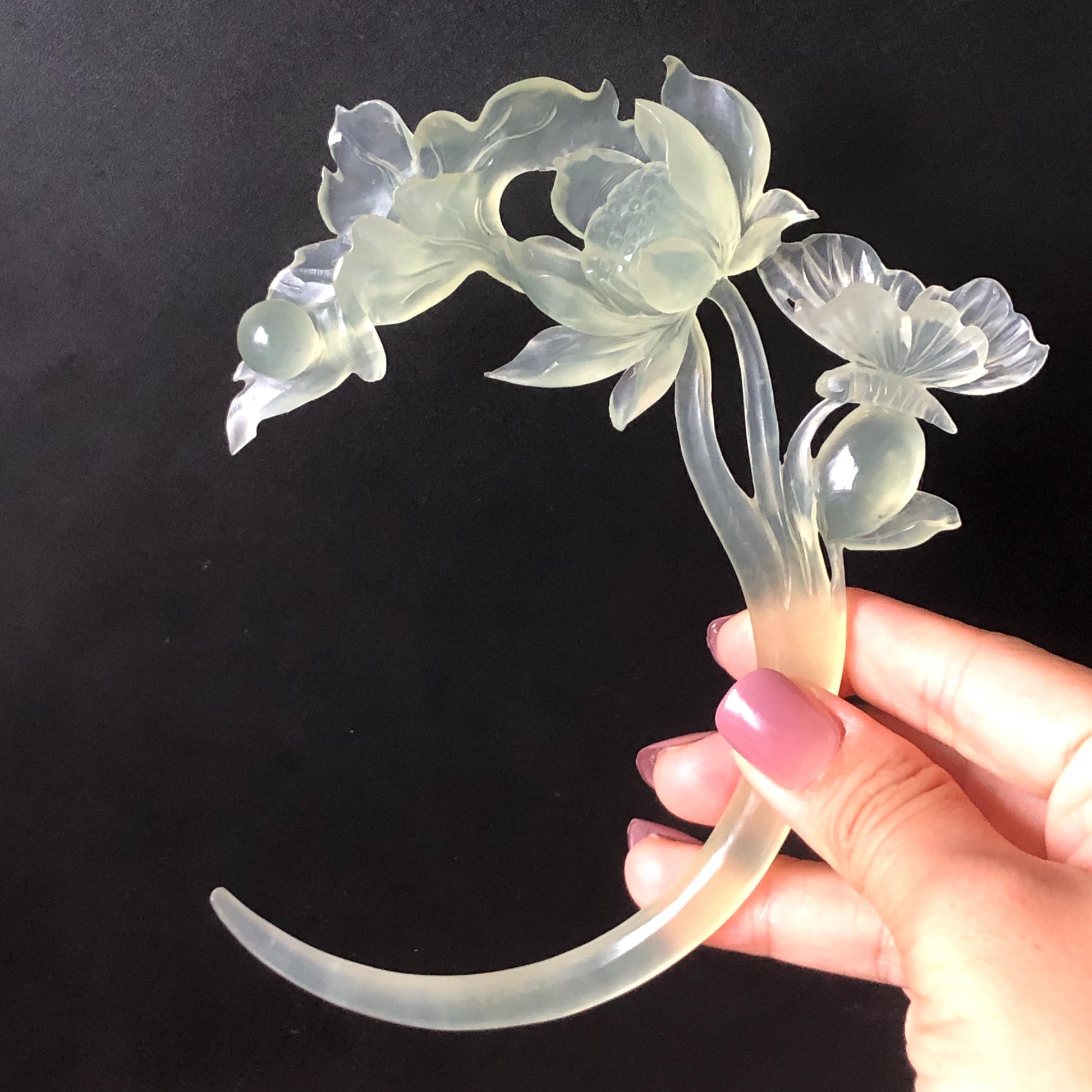 Natural Xiu Jade Serpentine Hand Carved Lotus & Butterfly Hair Pin | Certified Ice Green Crescent Moon Jade Hair Stick | Chinese Hanfu Hair Fork Vintage Bridal Hair Fork Gift for her japanese hairpin korean hair stick chinese hair fork vintage hair comb antique hair pins hanfu hair stick bridal shower hair jewelry wedding headpiece bridal shower gift engagement hair accessory jade carving hand engraved jade lotus carving jade hairpins untreated natural jade with certificate butterfly carving