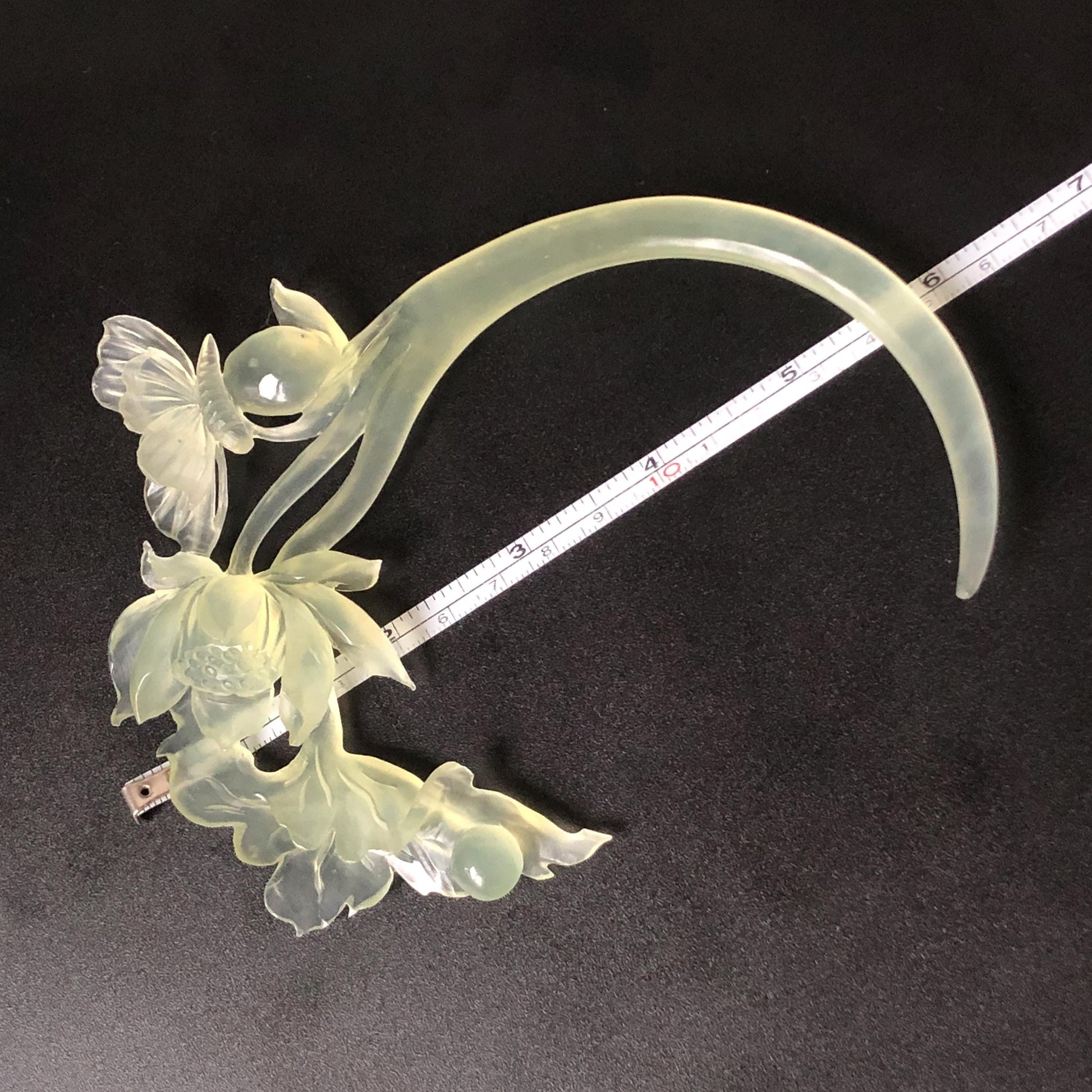 Natural Xiu Jade Serpentine Hand Carved Lotus & Butterfly Hair Pin | Certified Ice Green Crescent Moon Jade Hair Stick | Chinese Hanfu Hair Fork Vintage Bridal Hair Fork Gift for her japanese hairpin korean hair stick chinese hair fork vintage hair comb antique hair pins hanfu hair stick bridal shower hair jewelry wedding headpiece bridal shower gift engagement hair accessory jade carving hand engraved jade lotus carving jade hairpins untreated natural jade with certificate butterfly carving