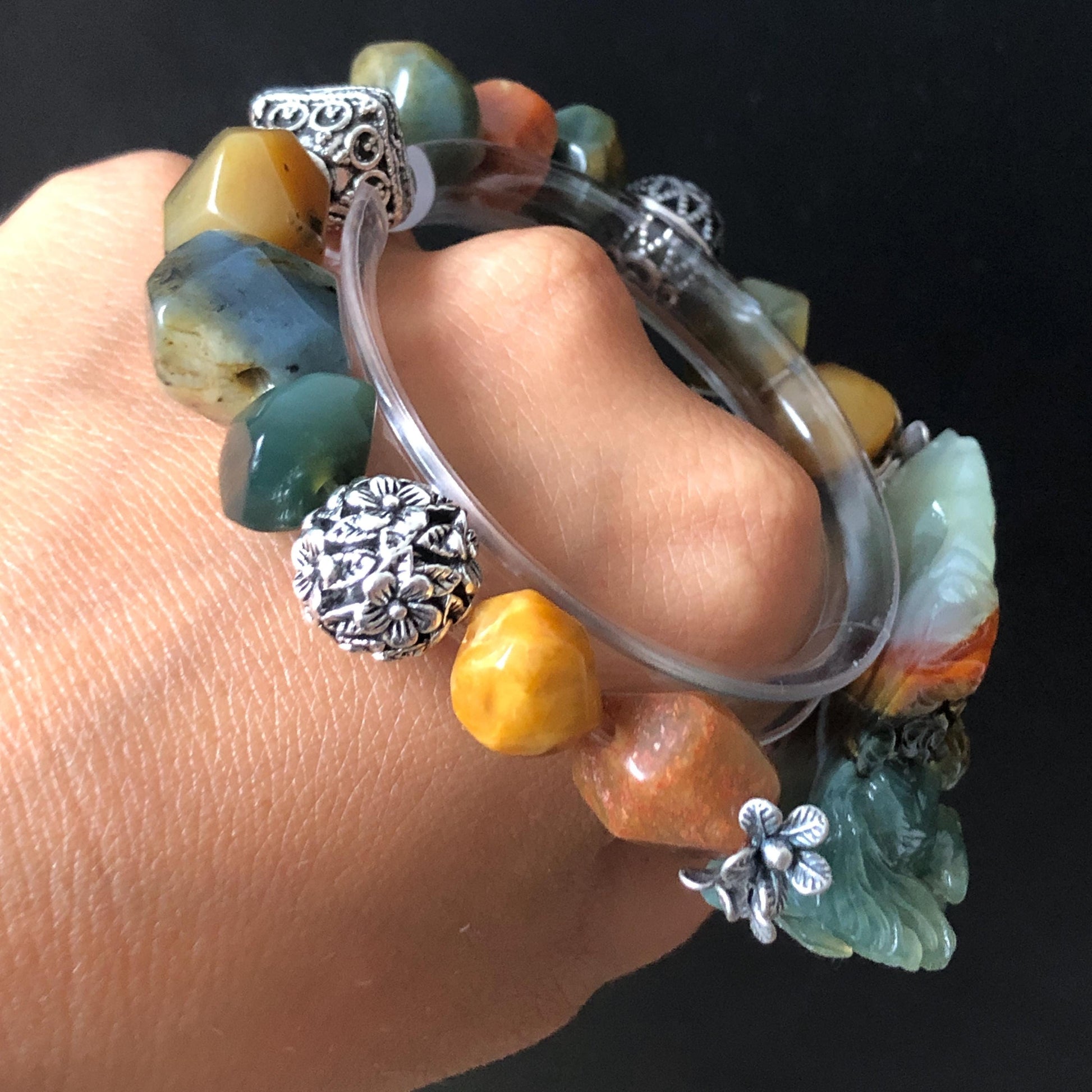 Natural Xiu Jade Serpentine Hand Carved Squirrel Charm with Irregular Bead Bracelet | Green Blue Brown White Jade | Vintage Tibetan Silver | Crystal Stone Gemstone Gift for her  rabbit lover gift bunny lover gift customised bracelet hand engraved jade bracelet hand carved bracelet carved charm carved pendant rabbit carving bunny bracelet yellow jade green jade silver bracelet tailor made bracelet personalised bracelet diy bracelet natural untreated jade elastic stretch bracelet squirrel carving