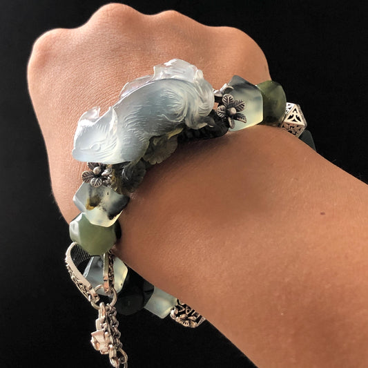 Natural Xiu Jade Serpentine Hand Carved Nine-tailed Fox & Flower with Irregular Bead Bracelet | Ice Black White Jade | Vintage Tibetan Silver | Gift for her  bracelet jade carving hand engraved black jade white jade hand engraved jade bracelet hand carved jade charm hand engraved jade pendant irregular bead bracelet big beaded bracelet elastic stretch bracelet dangle bracelet  silver accessory vintage bracelet antique bracelet green jade nine tail fox carving engraved fox