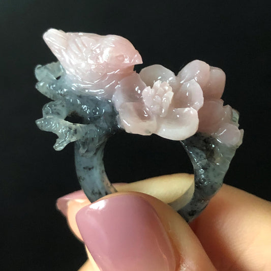 Natural Xiu Jade Serpentine Hand Carved Bird Flower Statement Ring | 16.3mm (US 5.5-5.75) | Gray Black & Pink Jade Ring Pendant 3D stone carving black jade carving pink jade carbonate jade ring hand carved jade band ring bird carving flower carving plum blossom natural jade band ring cocktail ring gift for her