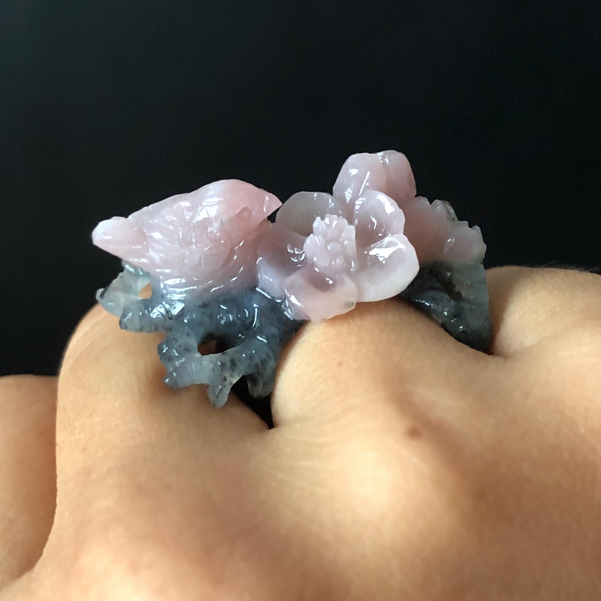 Natural Xiu Jade Serpentine Hand Carved Bird Flower Statement Ring | 16.3mm (US 5.5-5.75) | Gray Black & Pink Jade Ring Pendant 3D stone carving black jade carving pink jade carbonate jade ring hand carved jade band ring bird carving flower carving plum blossom natural jade band ring cocktail ring gift for her