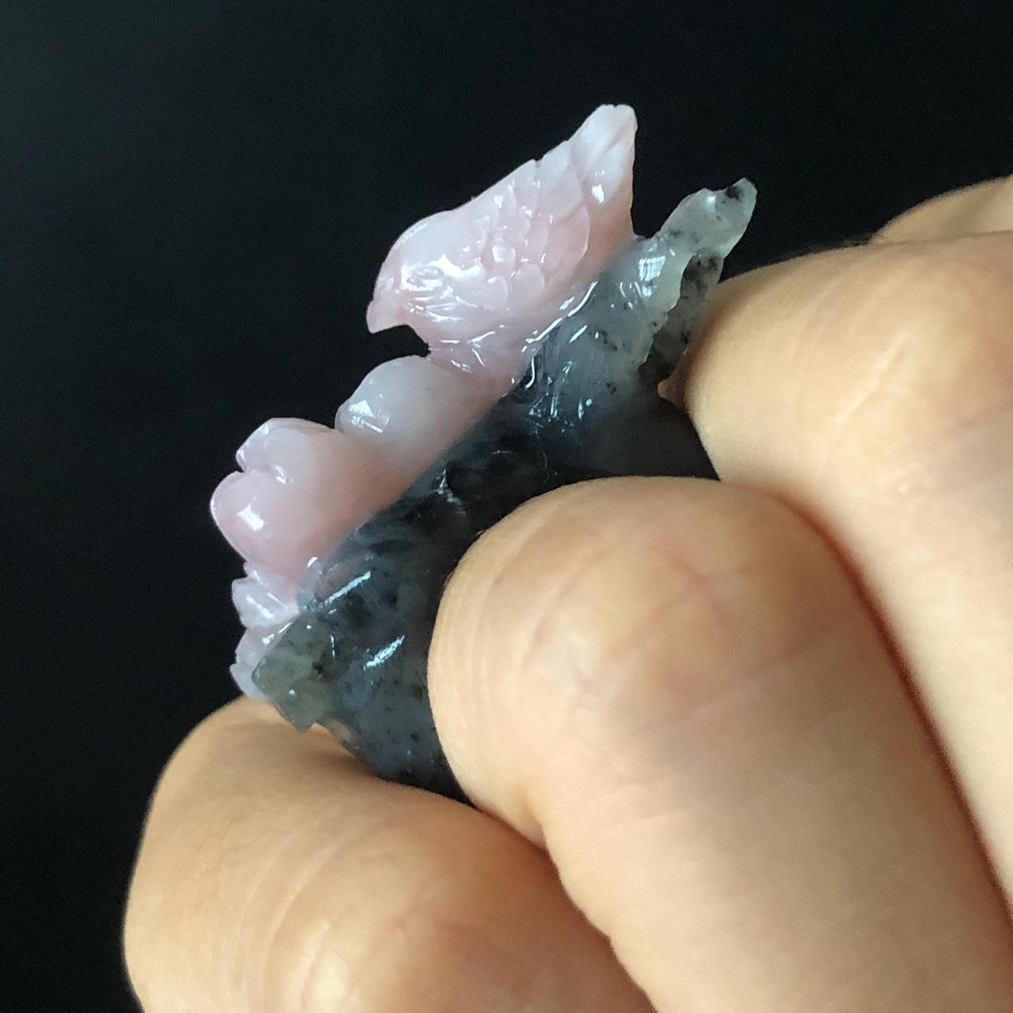 Natural Xiu Jade Serpentine Hand Carved Bird Flower Statement Ring | 16.3mm (US 5.5-5.75) | Gray Black & Pink Jade Ring Pendant 3D stone carving black jade carving pink jade carbonate jade ring hand carved jade band ring bird carving flower carving plum blossom natural jade band ring cocktail ring gift for her