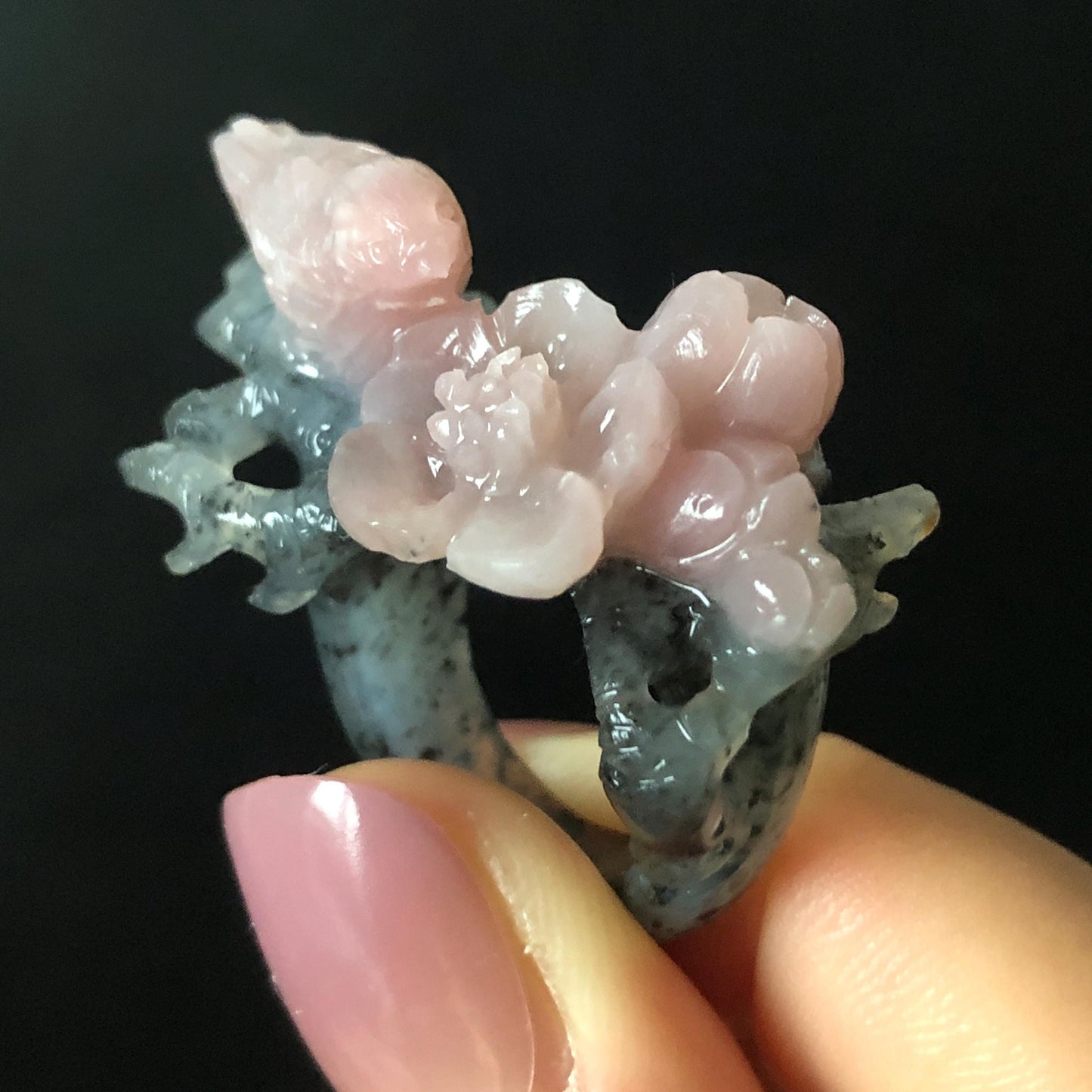 Natural Xiu Jade Serpentine Hand Carved Bird Flower Statement Ring | 16.3mm (US 5.5-5.75) | Gray Black & Pink Jade Ring Pendant 3D stone carving black jade carving pink jade carbonate jade ring hand carved jade band ring bird carving flower carving plum blossom natural jade band ring cocktail ring gift for her