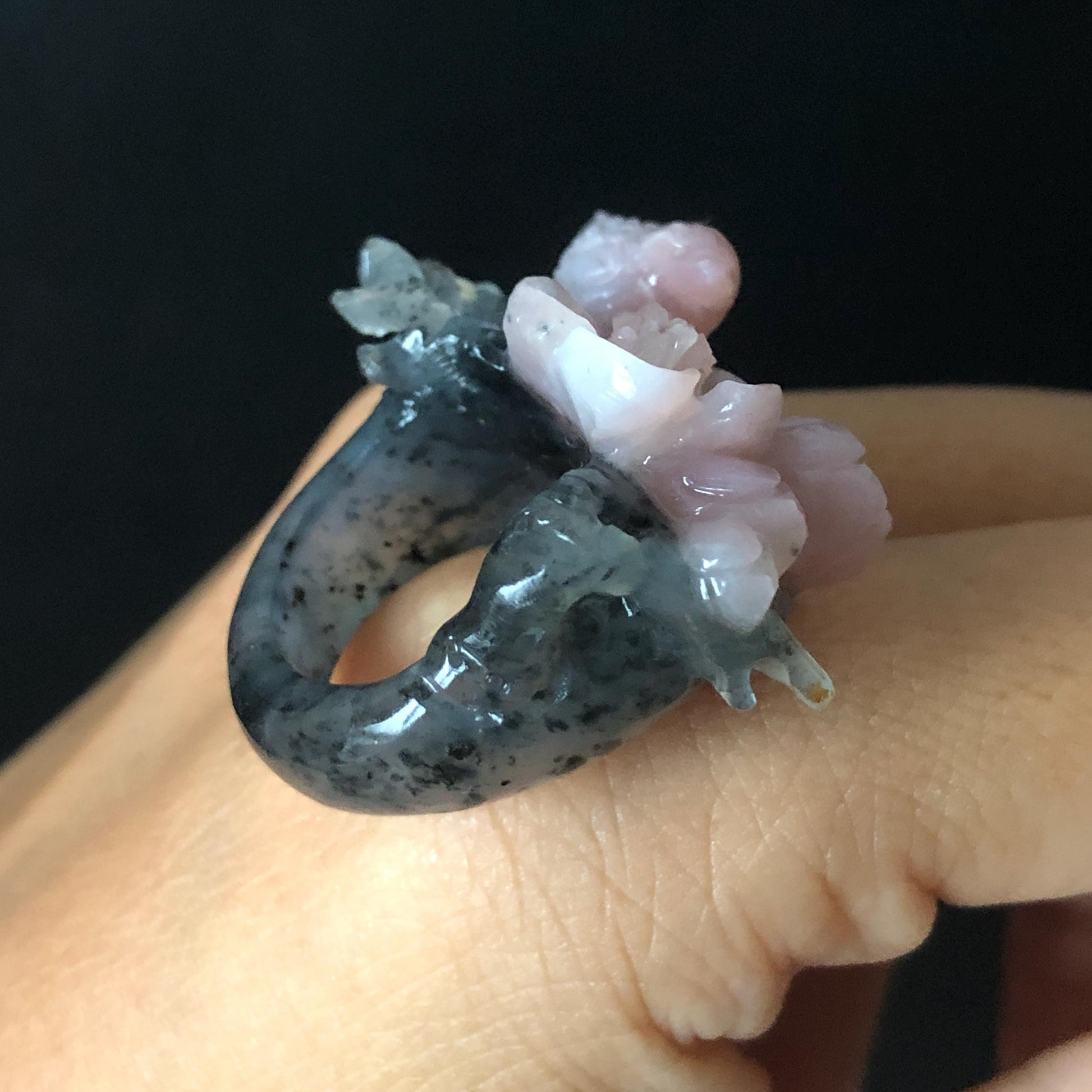 Natural Xiu Jade Serpentine Hand Carved Bird Flower Statement Ring | 16.3mm (US 5.5-5.75) | Gray Black & Pink Jade Ring Pendant 3D stone carving black jade carving pink jade carbonate jade ring hand carved jade band ring bird carving flower carving plum blossom natural jade band ring cocktail ring gift for her