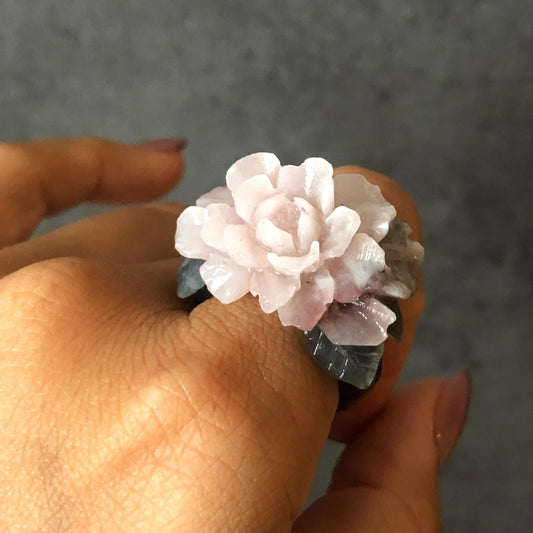 Natural Xiu Jade Serpentine Hand Carved Pink Peony Flower Statement Ring | 17.3mm (US7) | Gray Black & Pink Jade Ring Pendant | 3D Stone Carving | Crystal Gemstone Gift Pendant Ring 3D stone carving black jade carving pink jade carbonate jade ring hand carved jade band ring flower carving Peony carving natural jade band ring cocktail ring gift for her