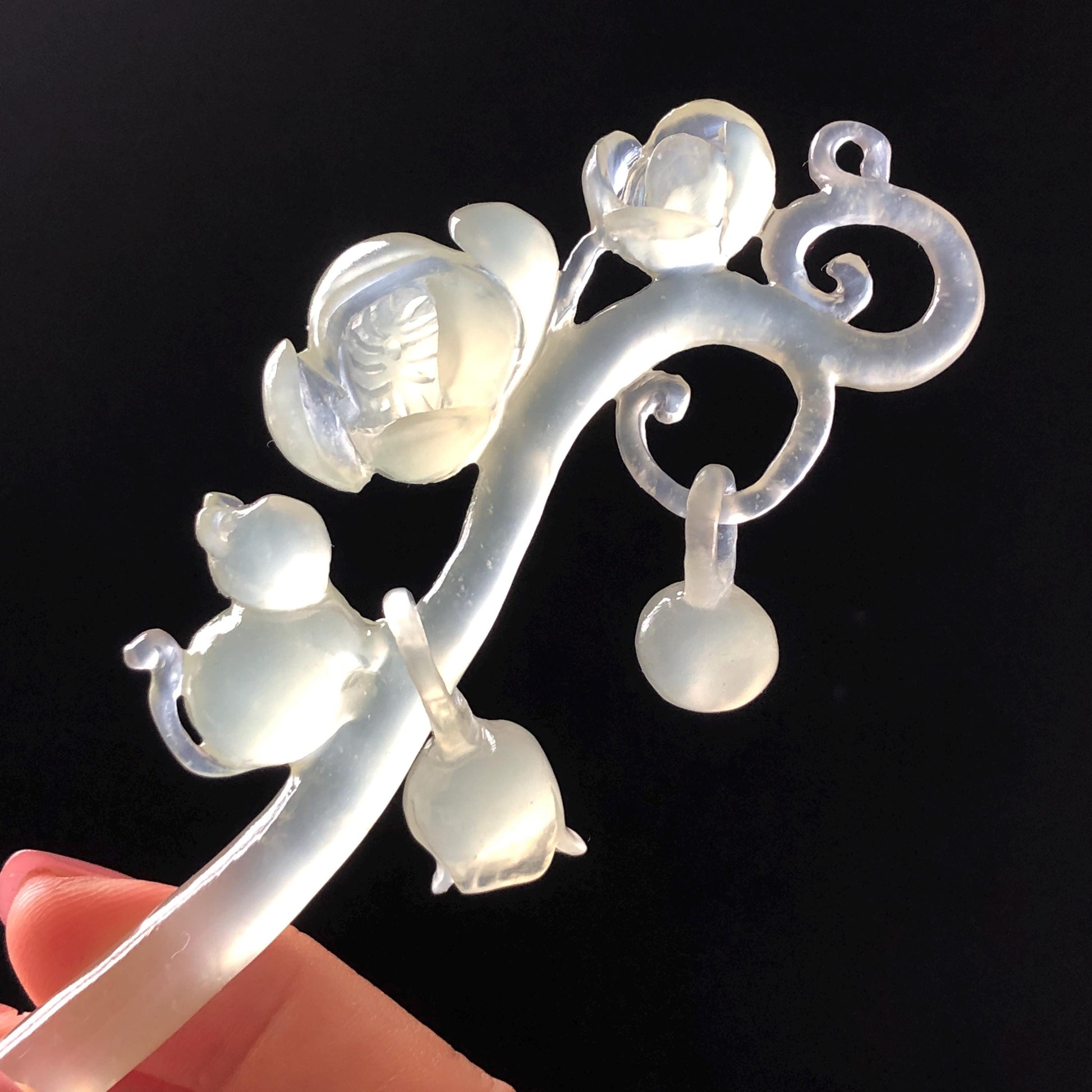 Xiu Jade Serpentine Hand Carved Cat & Flower Hair Pin with Dangle | Natural Certified Ice White Jade Hair Stick | Asian Chinese Vintage Hair Fork gift for her hand engraved white jade carving koren hair stick japanese hair pin hanfu hair comb chinese hair clip hand engraved kitten carving hand carved cat carving carved dangle hair stick icy chinese jade vinatge hair stick chinese hair stick antique hairpins natural untreated jade with certificate stone carving hair jewelry cat lover gift