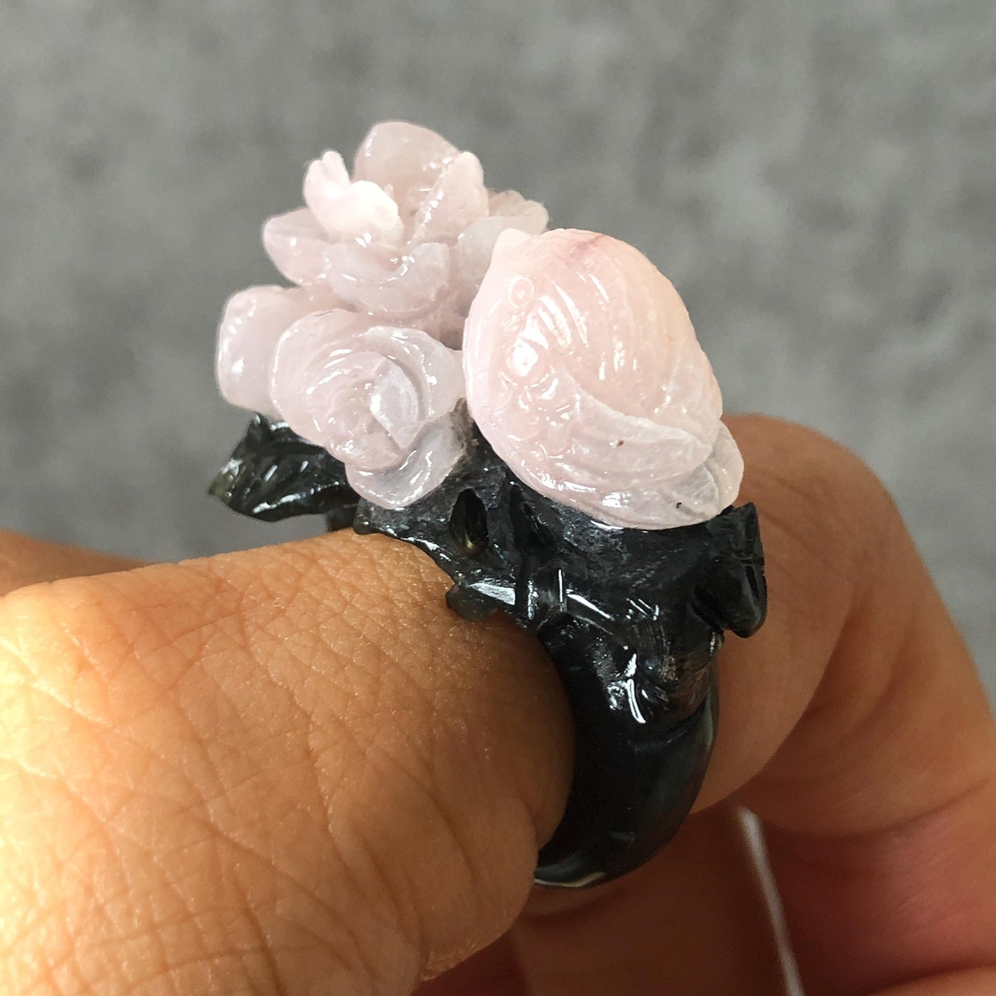 Natural Xiu Jade Serpentine Hand Carved Bird and Flower Statement Ring | 16.5mm (US 6) | Gray Black & Pink Jade Ring Pendant | 3D Stone Carving | Crystal Gemstone Gift black jade carving pink jade carbonate jade ring hand carved jade band ring bird carving flower carving plum blossom natural jade band ring cocktail ring gift for her