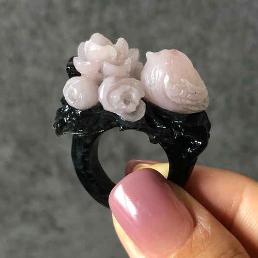 Natural Xiu Jade Serpentine Hand Carved Bird and Flower Statement Ring | 16.5mm (US 6) | Gray Black & Pink Jade Ring Pendant | 3D Stone Carving | Crystal Gemstone Gift black jade carving pink jade carbonate jade ring hand carved jade band ring bird carving flower carving plum blossom natural jade band ring cocktail ring gift for her